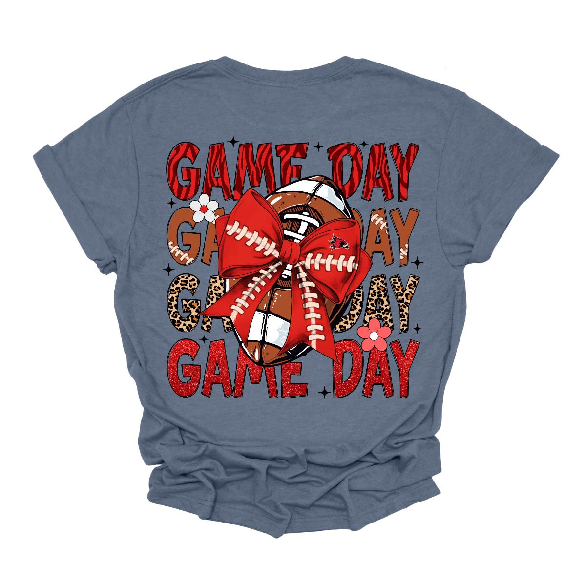 This bold SEMO short-sleeved tee packs serious team spirit into every detail. The front has a ferocious Redhawk graphic paired with SEMO in bold white lettering over the left chest. The back has “Game Day” repeated in eye catching animal print and football-lace lettering. A football wrapped in a red bow steals the spotlight, complete with football-lace details and a small Redhawk perched on the bow. Shop at Gorgeousware.com today!