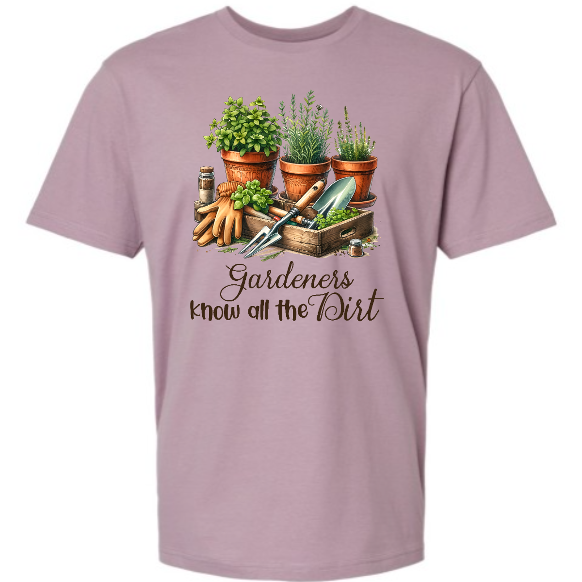 The shirt design features the phrase "Gardeners Know All the Dirt" in an elegant script lettering style, giving it a charming and organic feel. Surrounding the text are potted plants in various shapes and sizes.
Additionally, the design incorporates gardening tools like a trowel, rake, watering can, and gloves, subtly placed around the lettering to enhance the theme. Earthy tones like green, brown, and earth tones dominate . Shop Gorgeouseware.com
