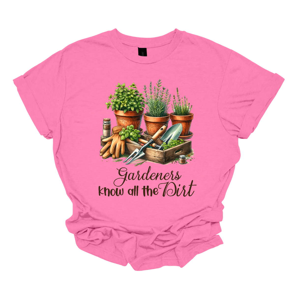 The shirt design features the phrase "Gardeners Know All the Dirt" in an elegant script lettering style, giving it a charming and organic feel. Surrounding the text are potted plants in various shapes and sizes.
Additionally, the design incorporates gardening tools like a trowel, rake, watering can, and gloves, subtly placed around the lettering to enhance the theme. Earthy tones like green, brown, and earth tones dominate . Shop Gorgeouseware.com