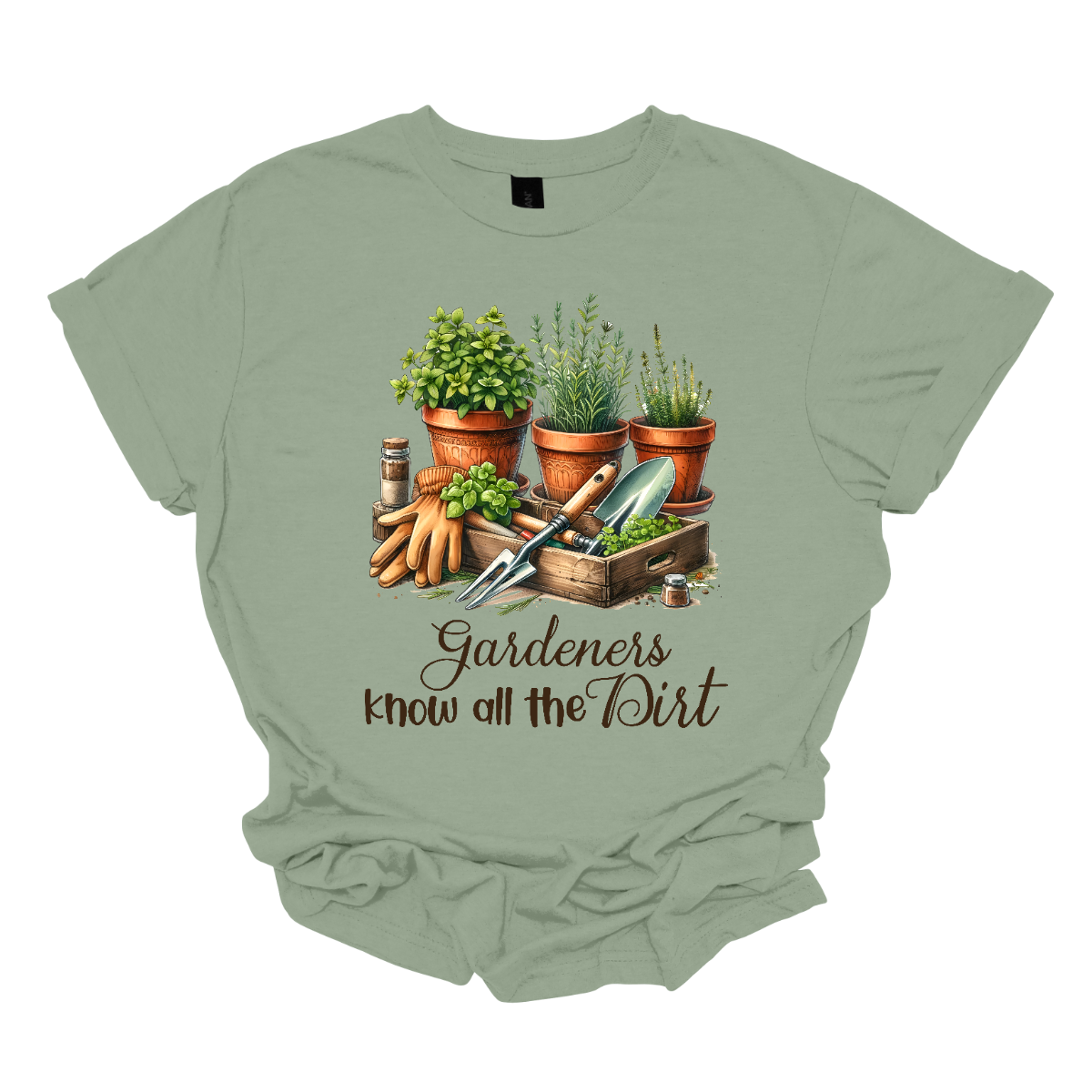 The shirt design features the phrase "Gardeners Know All the Dirt" in an elegant script lettering style, giving it a charming and organic feel. Surrounding the text are potted plants in various shapes and sizes.
Additionally, the design incorporates gardening tools like a trowel, rake, watering can, and gloves, subtly placed around the lettering to enhance the theme. Earthy tones like green, brown, and earth tones dominate . Shop Gorgeouseware.com