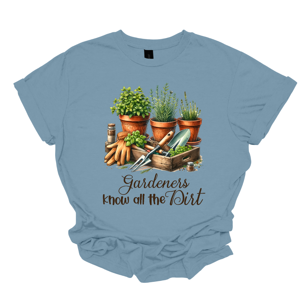 The shirt design features the phrase "Gardeners Know All the Dirt" in an elegant script lettering style, giving it a charming and organic feel. Surrounding the text are potted plants in various shapes and sizes.
Additionally, the design incorporates gardening tools like a trowel, rake, watering can, and gloves, subtly placed around the lettering to enhance the theme. Earthy tones like green, brown, and earth tones dominate . Shop Gorgeouseware.com