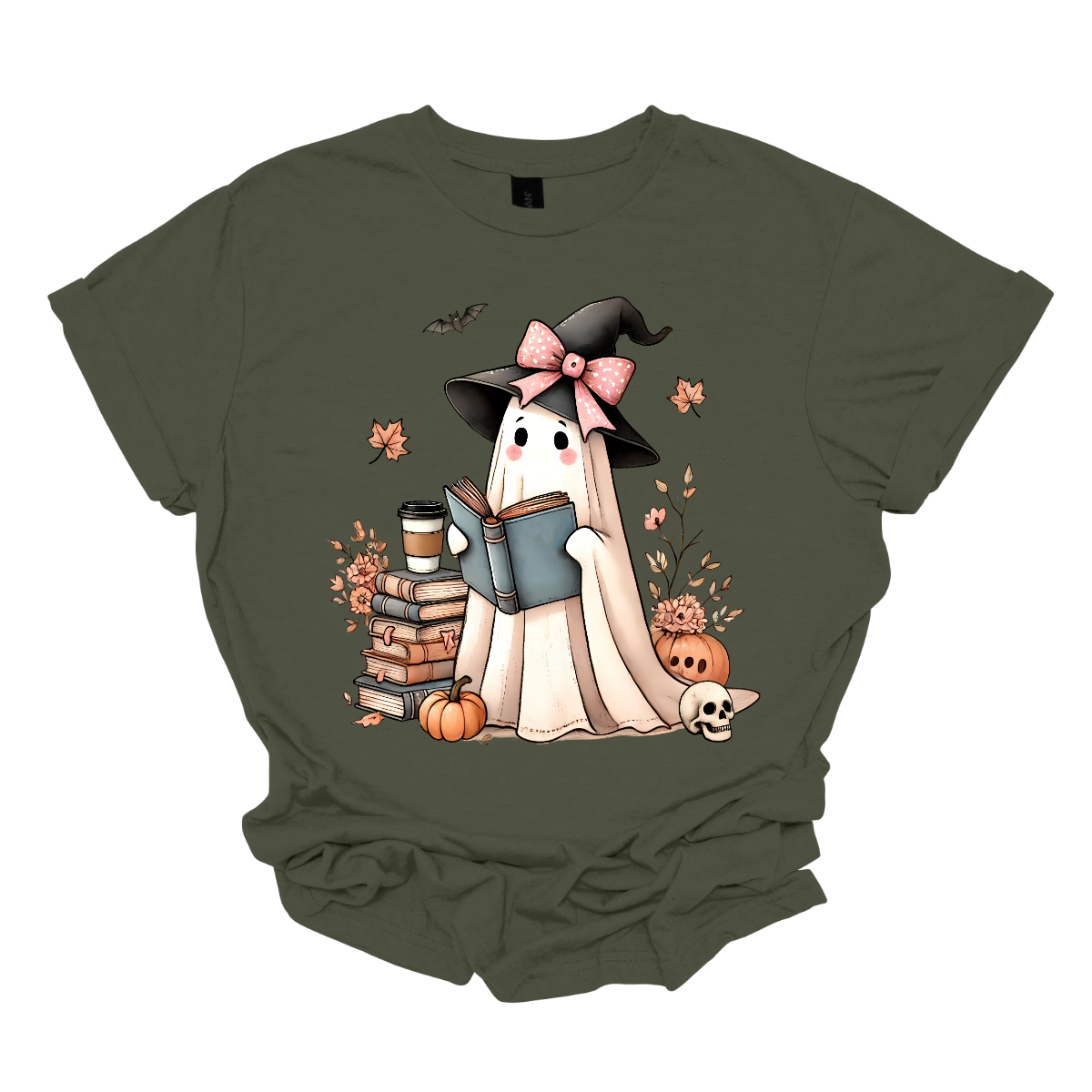 This T-shirt features an adorable ghost wearing a witch's hat adorned with a pink bow. The ghost has a warm, friendly expression as she enjoys her coffee, with a stack of books by her side.  Around her, small pumpkins are scattered on the ground, adding a cozy, autumnal vibe. The design perfectly captures the charm of the Halloween season with a cute and whimsical twist. Shop at Gorgeousware.com