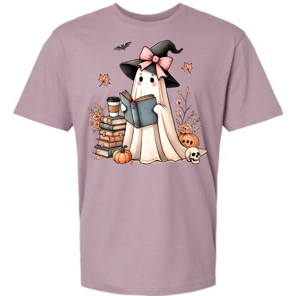 This T-shirt features an adorable ghost wearing a witch's hat adorned with a pink bow. The ghost has a warm, friendly expression as she enjoys her coffee, with a stack of books by her side.  Around her, small pumpkins are scattered on the ground, adding a cozy, autumnal vibe. The design perfectly captures the charm of the Halloween season with a cute and whimsical twist. Shop at Gorgeousware.com
