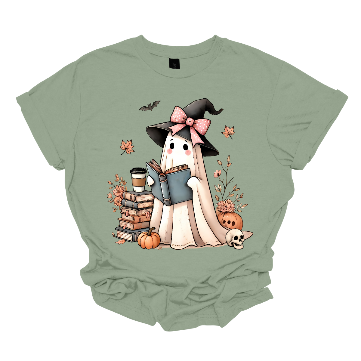 This T-shirt features an adorable ghost wearing a witch's hat adorned with a pink bow. The ghost has a warm, friendly expression as she enjoys her coffee, with a stack of books by her side.  Around her, small pumpkins are scattered on the ground, adding a cozy, autumnal vibe. The design perfectly captures the charm of the Halloween season with a cute and whimsical twist. Shop at Gorgeousware.com