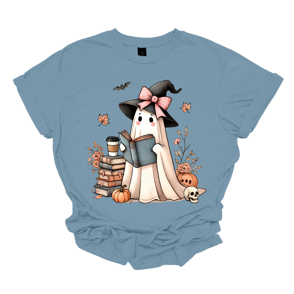This T-shirt features an adorable ghost wearing a witch's hat adorned with a pink bow. The ghost has a warm, friendly expression as she enjoys her coffee, with a stack of books by her side.  Around her, small pumpkins are scattered on the ground, adding a cozy, autumnal vibe. The design perfectly captures the charm of the Halloween season with a cute and whimsical twist. Shop at Gorgeousware.com