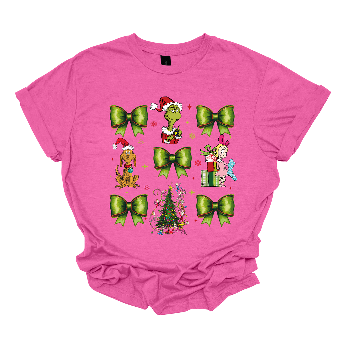 This whimsical apparel features a charming "Grinch Croquette" design with a playful 9-image grid, bringing the beloved characters and scenes from How the Grinch Stole Christmas to life. The grid showcases a combination of green bows, the mischievous Grinch, his loyal dog Max, and the sweet Cindy Lou Who, all set against the backdrop of the iconic whimsical Christmas tree. Shop at Gorgeousware.com