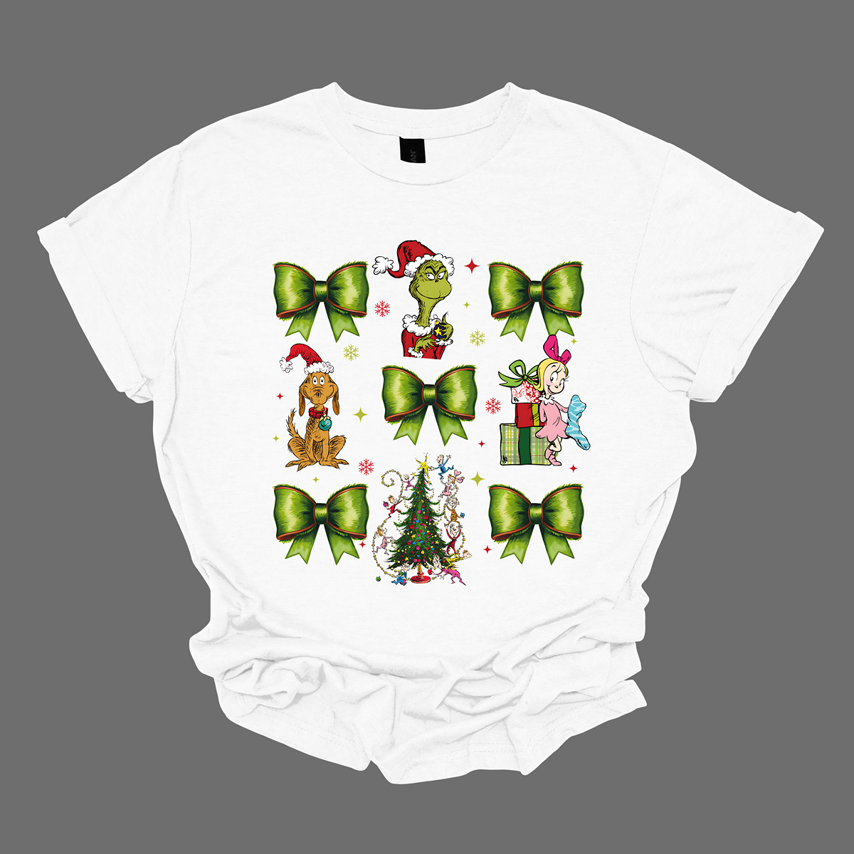 This whimsical apparel features a charming "Grinch Croquette" design with a playful 9-image grid, bringing the beloved characters and scenes from How the Grinch Stole Christmas to life. The grid showcases a combination of green bows, the mischievous Grinch, his loyal dog Max, and the sweet Cindy Lou Who, all set against the backdrop of the iconic whimsical Christmas tree. Shop at Gorgeousware.com