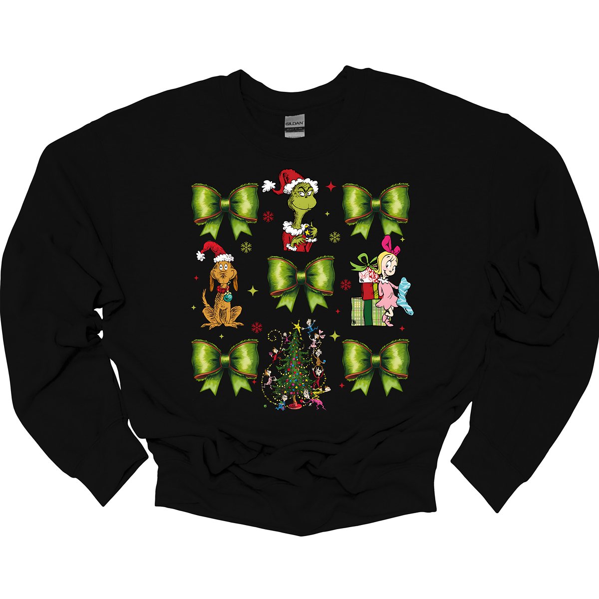 This whimsical apparel features a charming "Grinch Croquette" design with a playful 9-image grid, bringing the beloved characters and scenes from How the Grinch Stole Christmas to life. The grid showcases a combination of green bows, the mischievous Grinch, his loyal dog Max, and the sweet Cindy Lou Who, all set against the backdrop of the iconic whimsical Christmas tree. Shop at Gorgeousware.com