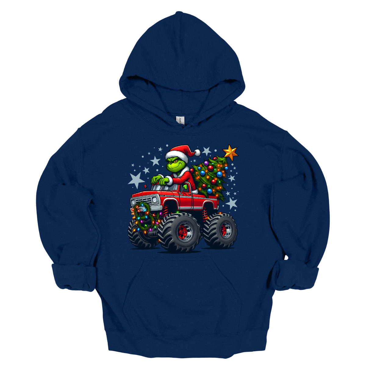 Navy blue hoodie with a graphic of the grinch driving a truck decorated for Christmas hauling a Christmas tree on a white background. Shop at Gorgeousware.com