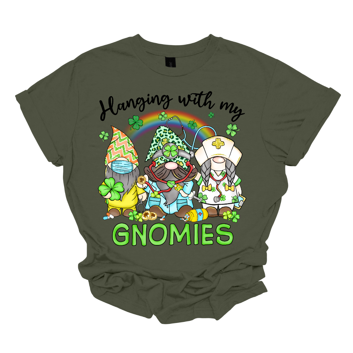 ☘️ "Hanging with my Gnomies" St. Patrick's Day T-shirt: A Tribute to Healthcare Heroes! ☘️ Get into the St. Patrick's Day spirit with our heartwarming and whimsical tee featuring three charming gnomes dressed in healthcare worker apparel, complete with stethoscopes. It's a delightful fusion of Irish cheer and appreciation for the incredible work of our healthcare heroes. Shop at Gorgeousware.com today!