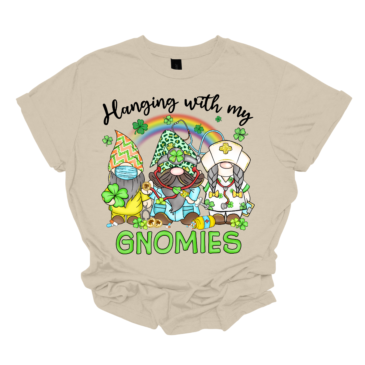 ☘️ "Hanging with my Gnomies" St. Patrick's Day T-shirt: A Tribute to Healthcare Heroes! ☘️ Get into the St. Patrick's Day spirit with our heartwarming and whimsical tee featuring three charming gnomes dressed in healthcare worker apparel, complete with stethoscopes. It's a delightful fusion of Irish cheer and appreciation for the incredible work of our healthcare heroes. Shop at Gorgeousware.com today!