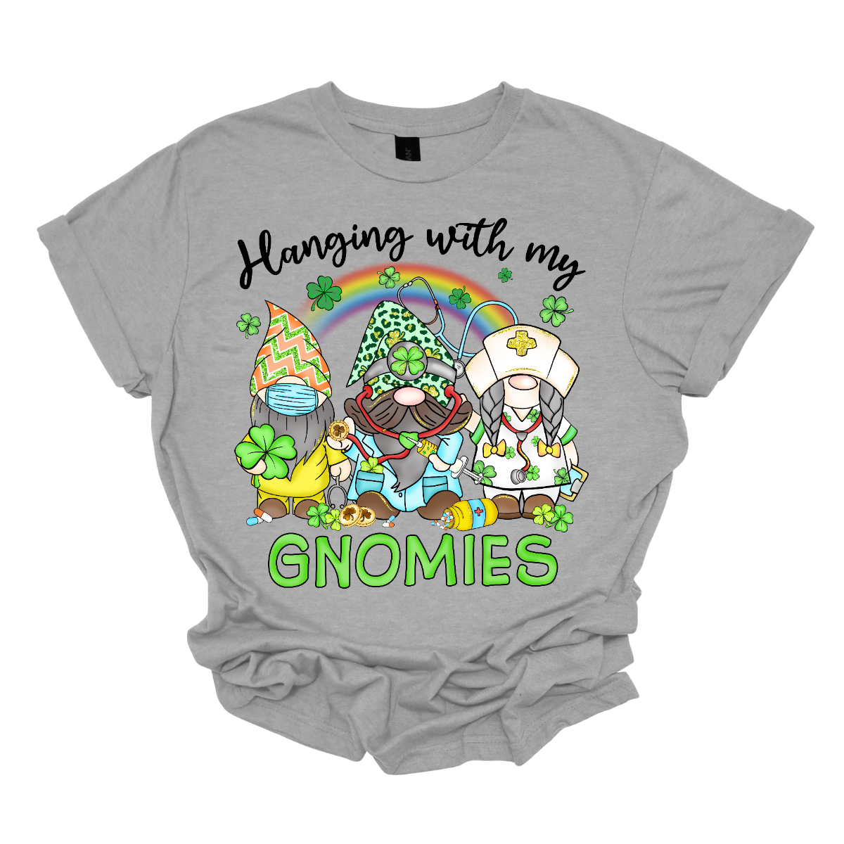 ☘️ "Hanging with my Gnomies" St. Patrick's Day T-shirt: A Tribute to Healthcare Heroes! ☘️ Get into the St. Patrick's Day spirit with our heartwarming and whimsical tee featuring three charming gnomes dressed in healthcare worker apparel, complete with stethoscopes. It's a delightful fusion of Irish cheer and appreciation for the incredible work of our healthcare heroes. Shop at Gorgeousware.com today!
