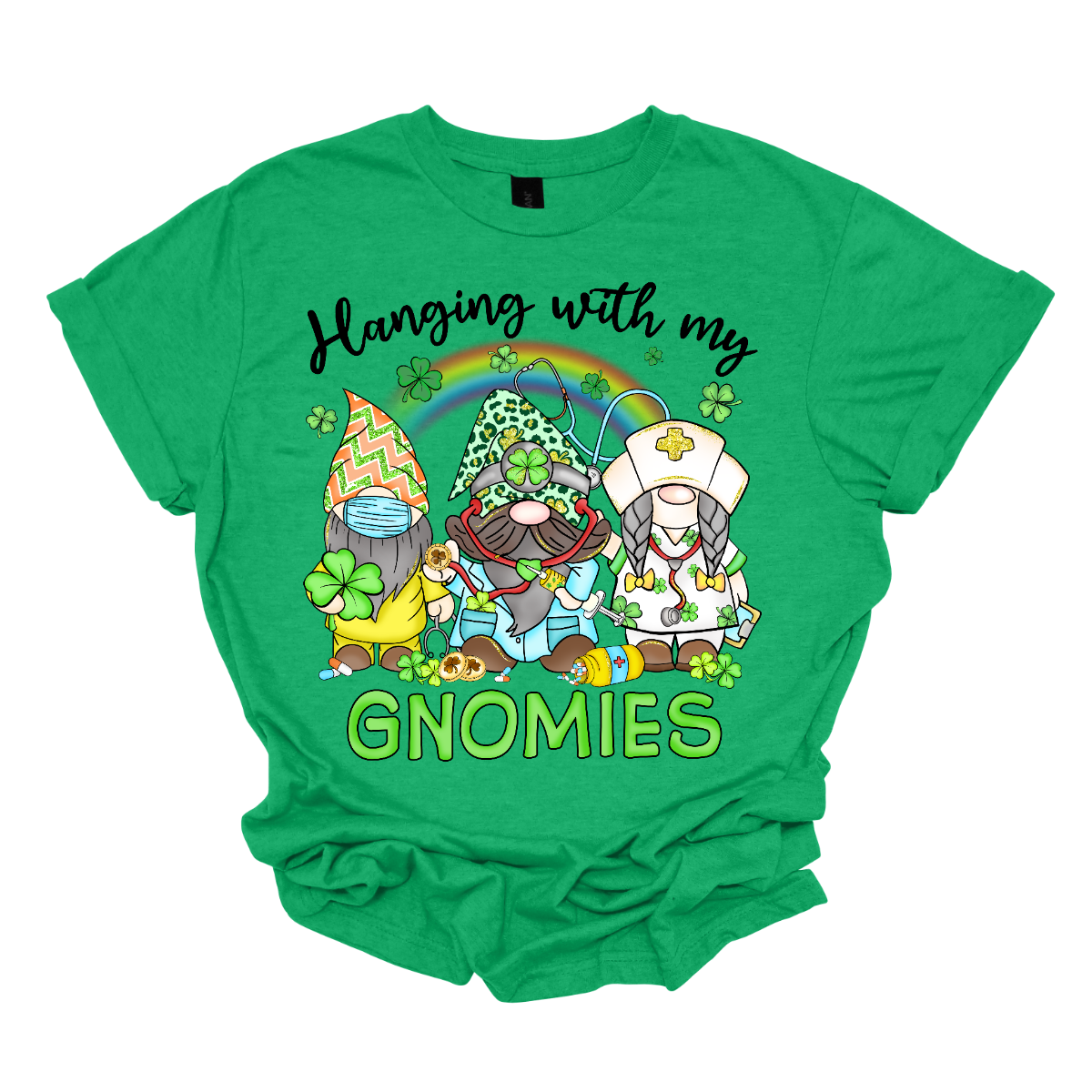 ☘️ "Hanging with my Gnomies" St. Patrick's Day T-shirt: A Tribute to Healthcare Heroes! ☘️ Get into the St. Patrick's Day spirit with our heartwarming and whimsical tee featuring three charming gnomes dressed in healthcare worker apparel, complete with stethoscopes. It's a delightful fusion of Irish cheer and appreciation for the incredible work of our healthcare heroes. Shop at Gorgeousware.com today!