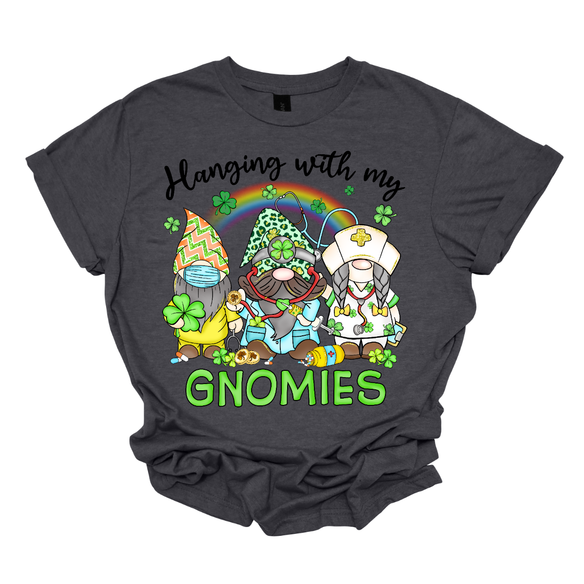 ☘️ "Hanging with my Gnomies" St. Patrick's Day T-shirt: A Tribute to Healthcare Heroes! ☘️ Get into the St. Patrick's Day spirit with our heartwarming and whimsical tee featuring three charming gnomes dressed in healthcare worker apparel, complete with stethoscopes. It's a delightful fusion of Irish cheer and appreciation for the incredible work of our healthcare heroes. Shop at Gorgeousware.com today!