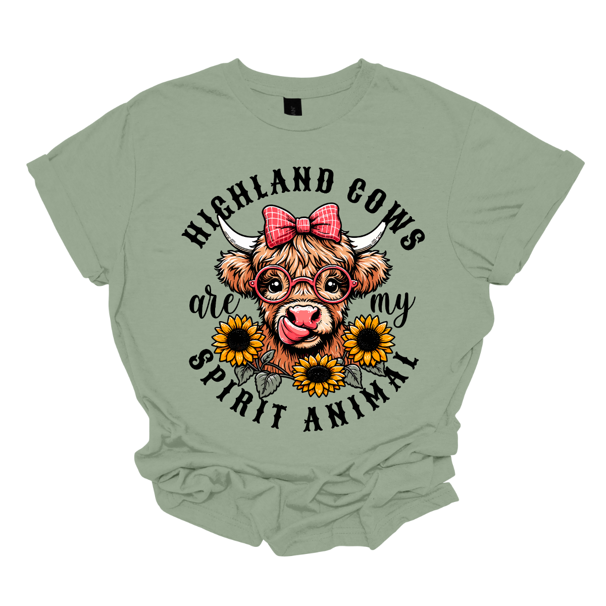 This shirt showcases a delightful Highland cow, complete with a cute bow on its head and stylish glasses, radiating charm and personality. Beneath the cow, a lovely arrangement of yellow daisies creates a soft, floral touch, adding a pop of color and whimsy to the design. The phrase "Highland Cows are my spirit animal" is playfully displayed, capturing the cow's spirit and the wearer's connection to these unique creatures. Shop Gorgeouseware.com