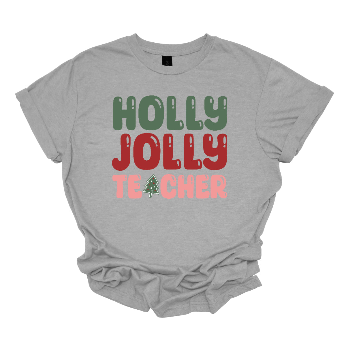 This festive t-shirt features the cheerful phrase "Holly Jolly Teacher" in a delightful bubbly font with fun cut-outs that add a playful touch. The word "Holly" is presented in a vibrant green, evoking the essence of holiday greenery, while "Jolly" pops in a bright red, radiating festive cheer. The word "Teacher" is in a cheerful pink, providing a lovely contrast. A whimsical twist comes with the letter "A" in "Teacher," which is creatively transformed into a charming Christmas tree. Shop Gorgeousware.com