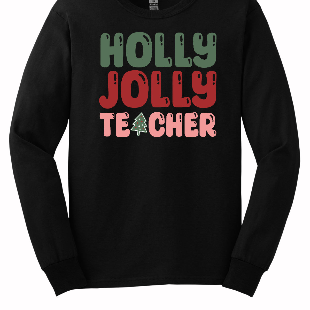 This festive t-shirt features the cheerful phrase "Holly Jolly Teacher" in a delightful bubbly font with fun cut-outs that add a playful touch. The word "Holly" is presented in a vibrant green, evoking the essence of holiday greenery, while "Jolly" pops in a bright red, radiating festive cheer. The word "Teacher" is in a cheerful pink, providing a lovely contrast. A whimsical twist comes with the letter "A" in "Teacher," which is creatively transformed into a charming Christmas tree. Shop Gorgeousware.com