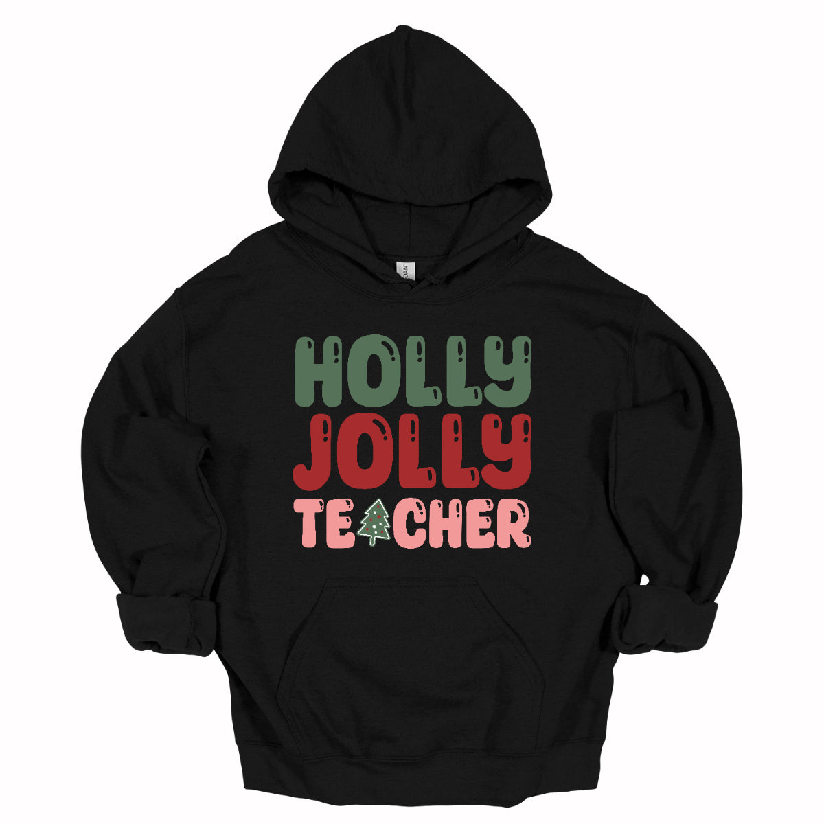 This festive t-shirt features the cheerful phrase "Holly Jolly Teacher" in a delightful bubbly font with fun cut-outs that add a playful touch. The word "Holly" is presented in a vibrant green, evoking the essence of holiday greenery, while "Jolly" pops in a bright red, radiating festive cheer. The word "Teacher" is in a cheerful pink, providing a lovely contrast. A whimsical twist comes with the letter "A" in "Teacher," which is creatively transformed into a charming Christmas tree. Shop Gorgeousware.com