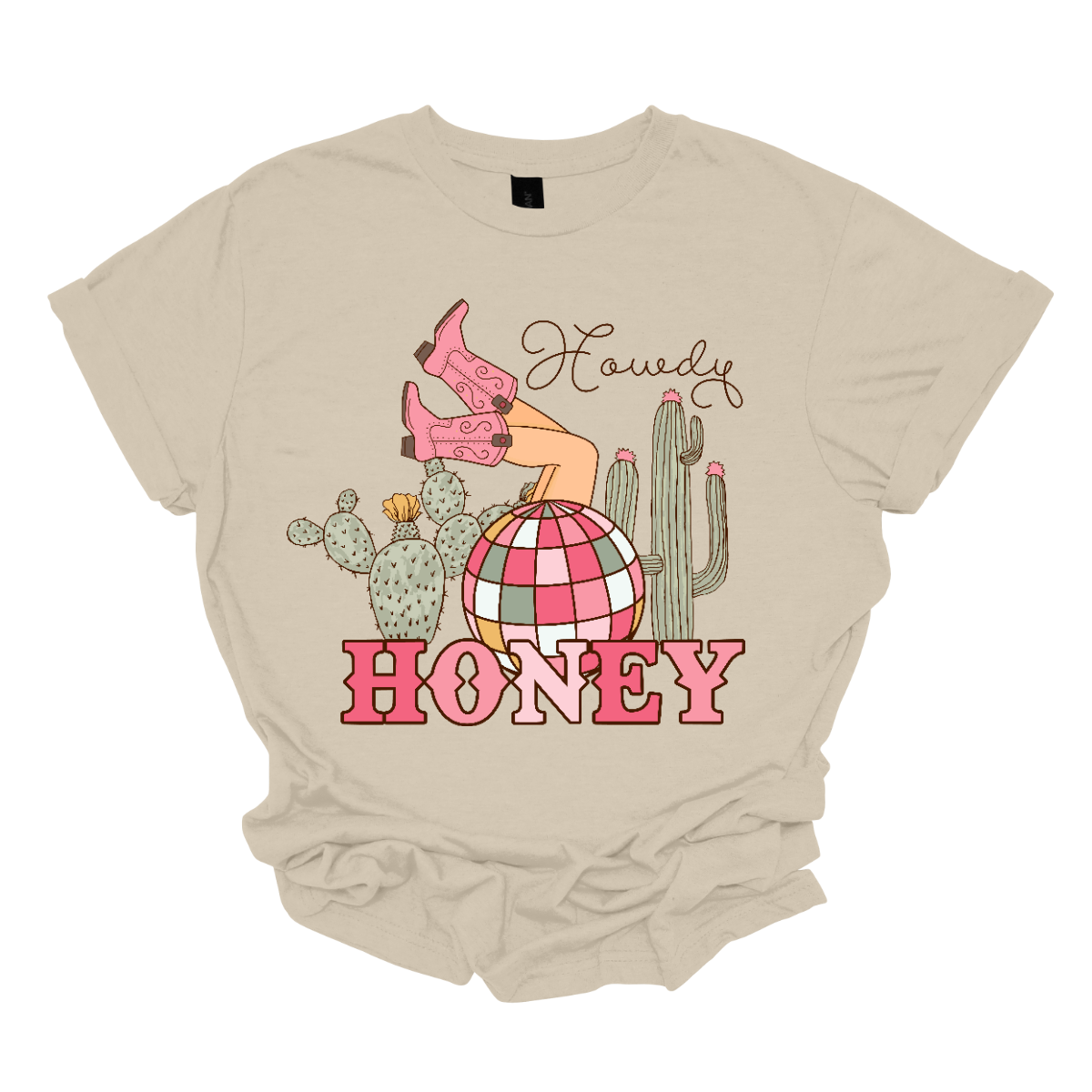 Introducing our "Howdy Honey" T-shirt – a dazzling and charming garment that brings together Western flair and a touch of disco glamour. This shirt features delightful elements such as cowgirl boots, cactuses, and a vibrant pink and white disco ball, creating a unique fusion of country and disco aesthetics. Adorning the T-shirt are stylish cowgirl boots, adding a Western charm, and cactuses that bring a hint of desert landscape. Shop at Gorgeousware.com