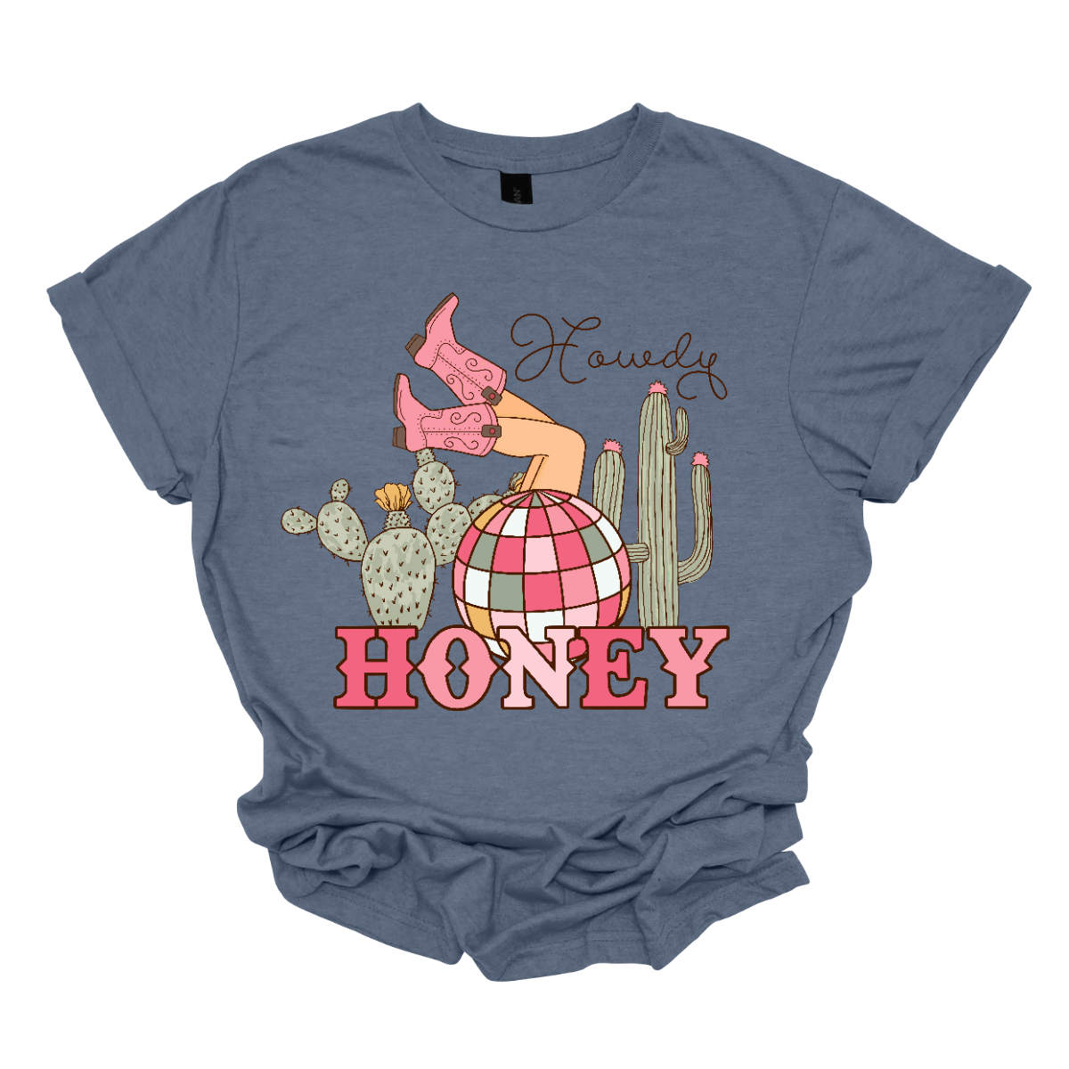 Introducing our "Howdy Honey" T-shirt – a dazzling and charming garment that brings together Western flair and a touch of disco glamour. This shirt features delightful elements such as cowgirl boots, cactuses, and a vibrant pink and white disco ball, creating a unique fusion of country and disco aesthetics. Adorning the T-shirt are stylish cowgirl boots, adding a Western charm, and cactuses that bring a hint of desert landscape. Shop at Gorgeousware.com