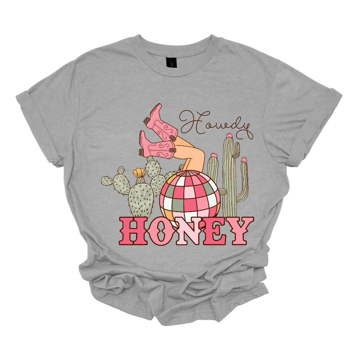 Introducing our "Howdy Honey" T-shirt – a dazzling and charming garment that brings together Western flair and a touch of disco glamour. This shirt features delightful elements such as cowgirl boots, cactuses, and a vibrant pink and white disco ball, creating a unique fusion of country and disco aesthetics. Adorning the T-shirt are stylish cowgirl boots, adding a Western charm, and cactuses that bring a hint of desert landscape. Shop at Gorgeousware.com