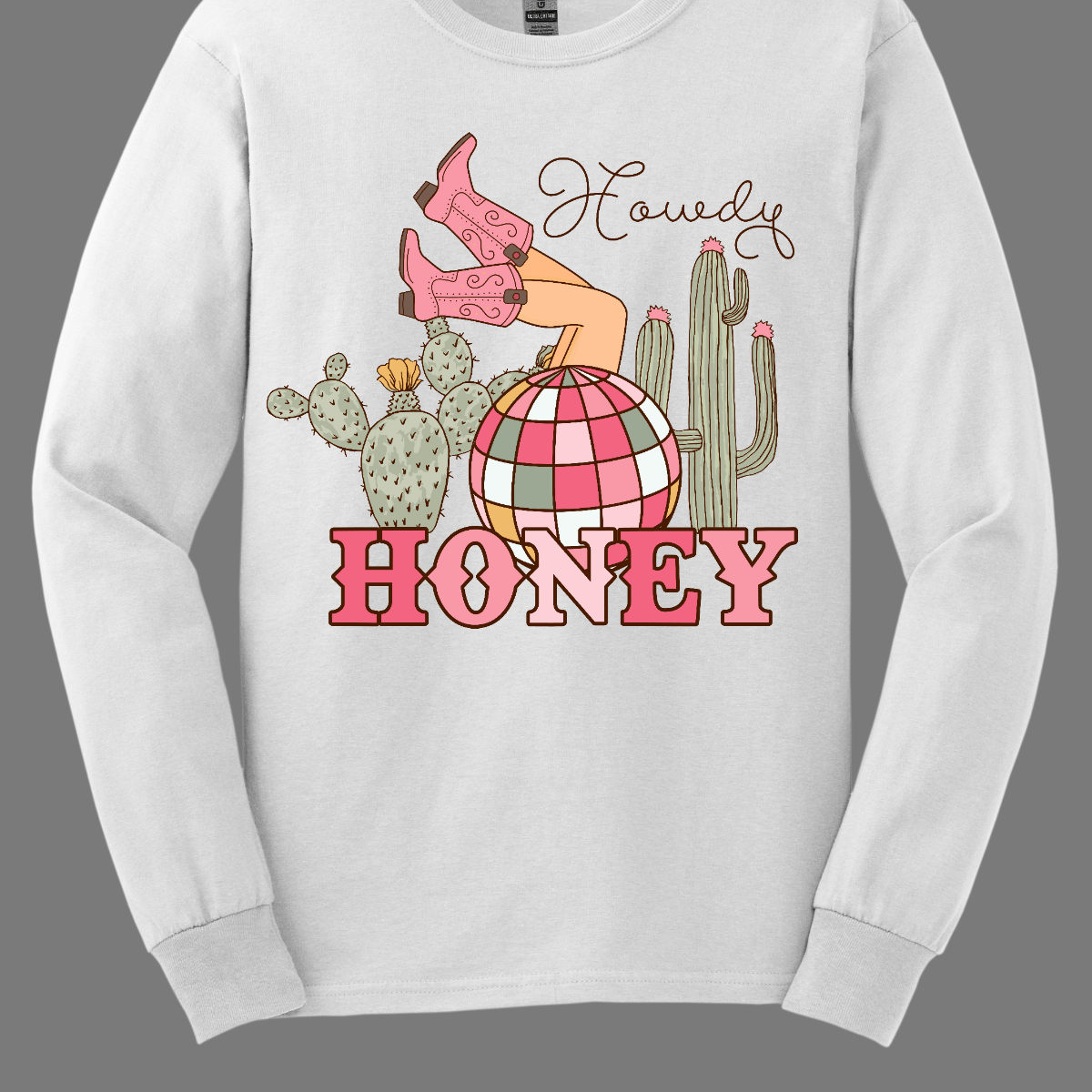 Introducing our "Howdy Honey" T-shirt – a dazzling and charming garment that brings together Western flair and a touch of disco glamour. This shirt features delightful elements such as cowgirl boots, cactuses, and a vibrant pink and white disco ball, creating a unique fusion of country and disco aesthetics. Adorning the T-shirt are stylish cowgirl boots, adding a Western charm, and cactuses that bring a hint of desert landscape. Shop at Gorgeousware.com