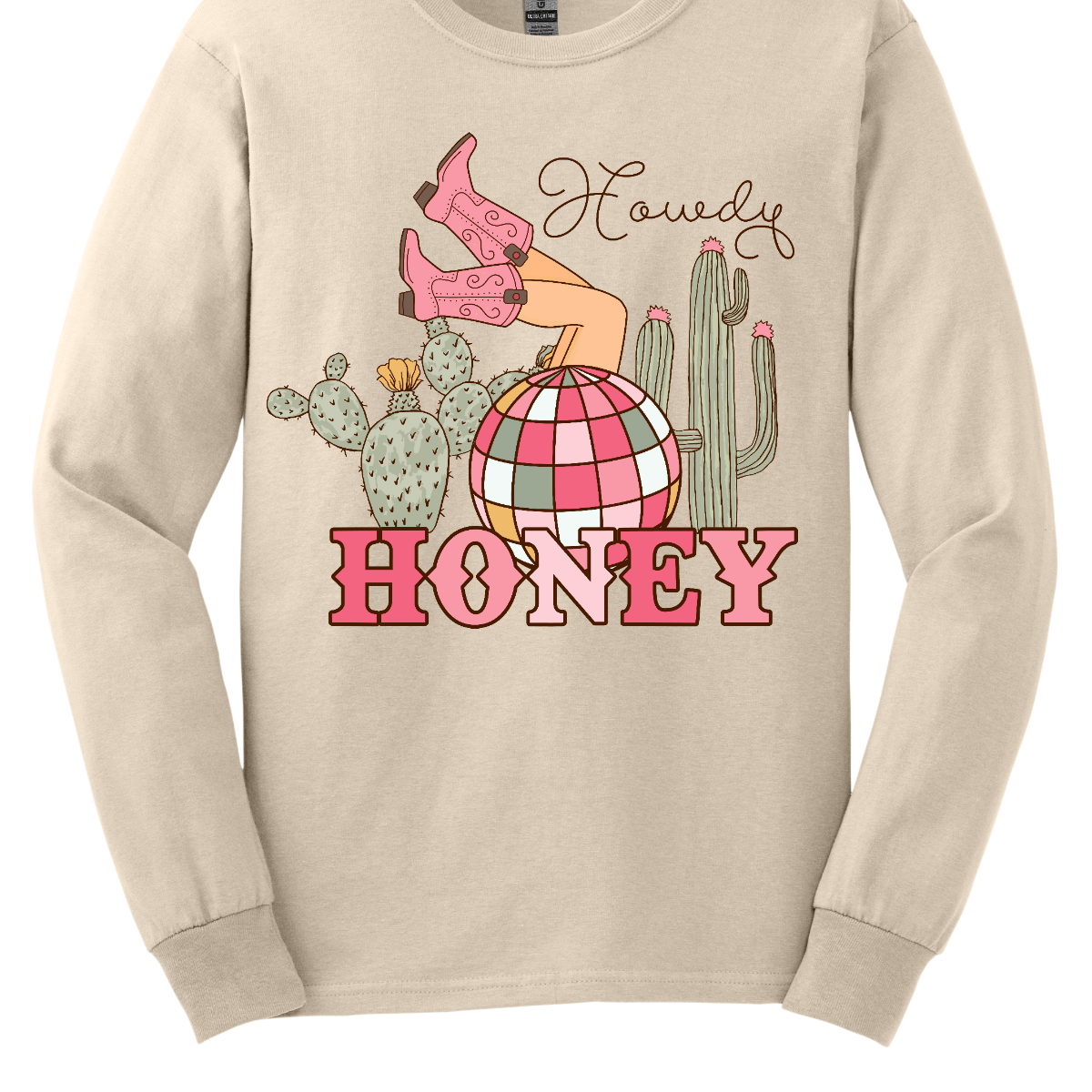 Introducing our "Howdy Honey" T-shirt – a dazzling and charming garment that brings together Western flair and a touch of disco glamour. This shirt features delightful elements such as cowgirl boots, cactuses, and a vibrant pink and white disco ball, creating a unique fusion of country and disco aesthetics. Adorning the T-shirt are stylish cowgirl boots, adding a Western charm, and cactuses that bring a hint of desert landscape. Shop at Gorgeousware.com