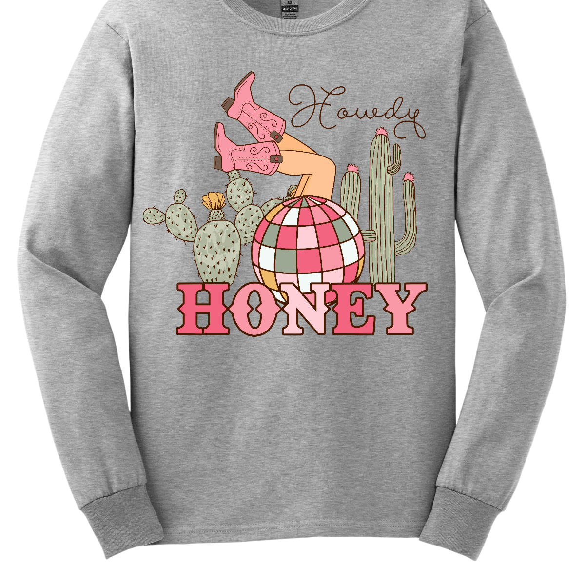 Introducing our "Howdy Honey" T-shirt – a dazzling and charming garment that brings together Western flair and a touch of disco glamour. This shirt features delightful elements such as cowgirl boots, cactuses, and a vibrant pink and white disco ball, creating a unique fusion of country and disco aesthetics. Adorning the T-shirt are stylish cowgirl boots, adding a Western charm, and cactuses that bring a hint of desert landscape. Shop at Gorgeousware.com