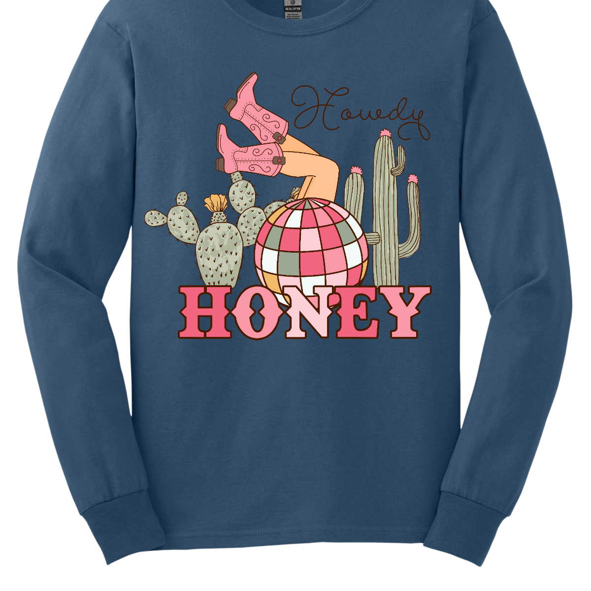 Introducing our "Howdy Honey" T-shirt – a dazzling and charming garment that brings together Western flair and a touch of disco glamour. This shirt features delightful elements such as cowgirl boots, cactuses, and a vibrant pink and white disco ball, creating a unique fusion of country and disco aesthetics. Adorning the T-shirt are stylish cowgirl boots, adding a Western charm, and cactuses that bring a hint of desert landscape. Shop at Gorgeousware.com