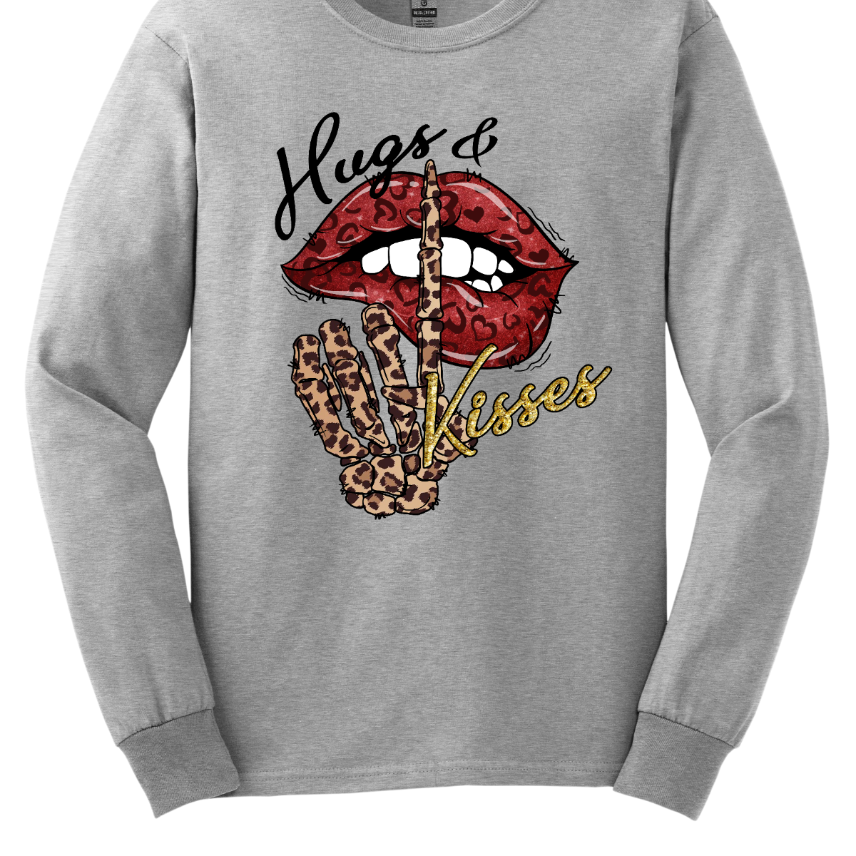 Introducing our "Hugs & Kisses" T-shirt – a sassy and playful garment that combines the sweetness of hugs and kisses with a touch of edgy flair. This shirt features red leopard print lips and a stylish leopard print skeleton holding its finger up to its lips, creating a unique and trendy design. The red leopard print lips add a touch of romance and playfulness, while the leopard print skeleton introduces a chic and edgy element to the overall design. Shop at Gorgeousware.com