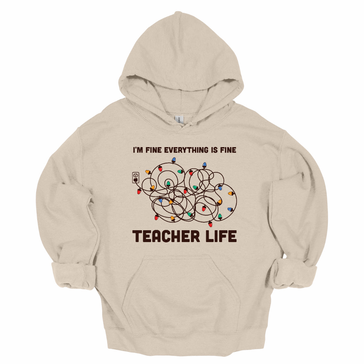 This humorous t-shirt features the phrase "I'm fine, everything is fine" in bold, playful lettering, perfectly capturing that relatable holiday vibe. Below the text, there's a whimsical illustration of a tangled wad of Christmas lights plugged into an outlet, humorously representing the chaos that can come with the season. Underneath the lights, the words "Teacher Life" are displayed, adding a clever nod to the unique challenges teachers face, especially during the festive rush. Shop at Gorgeousware.com