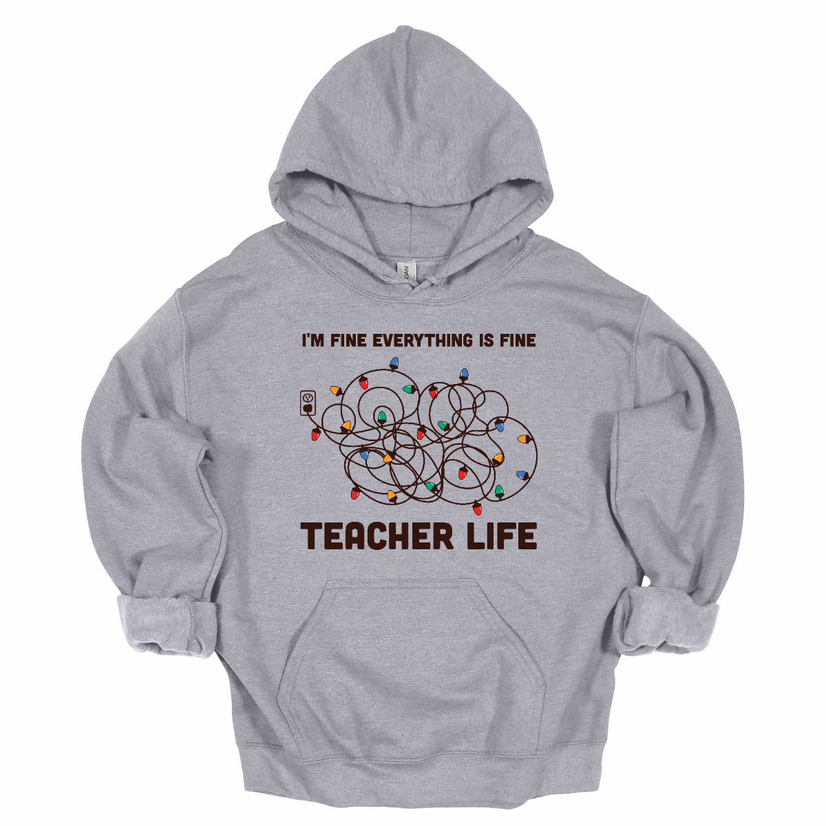 This humorous t-shirt features the phrase "I'm fine, everything is fine" in bold, playful lettering, perfectly capturing that relatable holiday vibe. Below the text, there's a whimsical illustration of a tangled wad of Christmas lights plugged into an outlet, humorously representing the chaos that can come with the season. Underneath the lights, the words "Teacher Life" are displayed, adding a clever nod to the unique challenges teachers face, especially during the festive rush. Shop at Gorgeousware.com