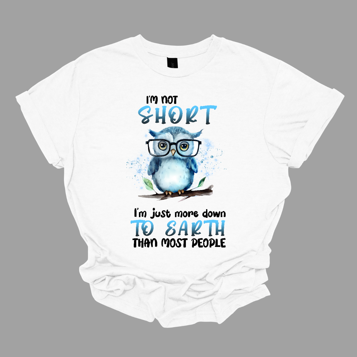 This fun and quirky shirt features the playful message, "I'm not short" at the top and "I'm just more down to earth than most people" at the bottom. The bold print font highlights the words "short" and "to earth" in vibrant blue lettering. The text is divided into two sections, with an adorable blue owl wearing oversized glasses perched on a branch in the center. It's the perfect shirt for those with a great sense of humor and a down-to-earth attitude. Shop now at Gorgeousware.com