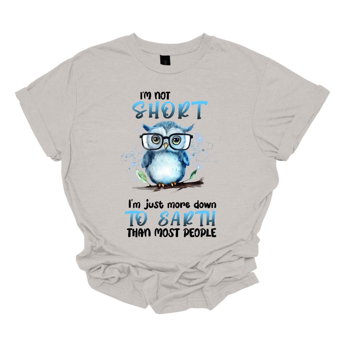 This fun and quirky shirt features the playful message, "I'm not short" at the top and "I'm just more down to earth than most people" at the bottom. The bold print font highlights the words "short" and "to earth" in vibrant blue lettering. The text is divided into two sections, with an adorable blue owl wearing oversized glasses perched on a branch in the center. It's the perfect shirt for those with a great sense of humor and a down-to-earth attitude. Shop now at Gorgeousware.com