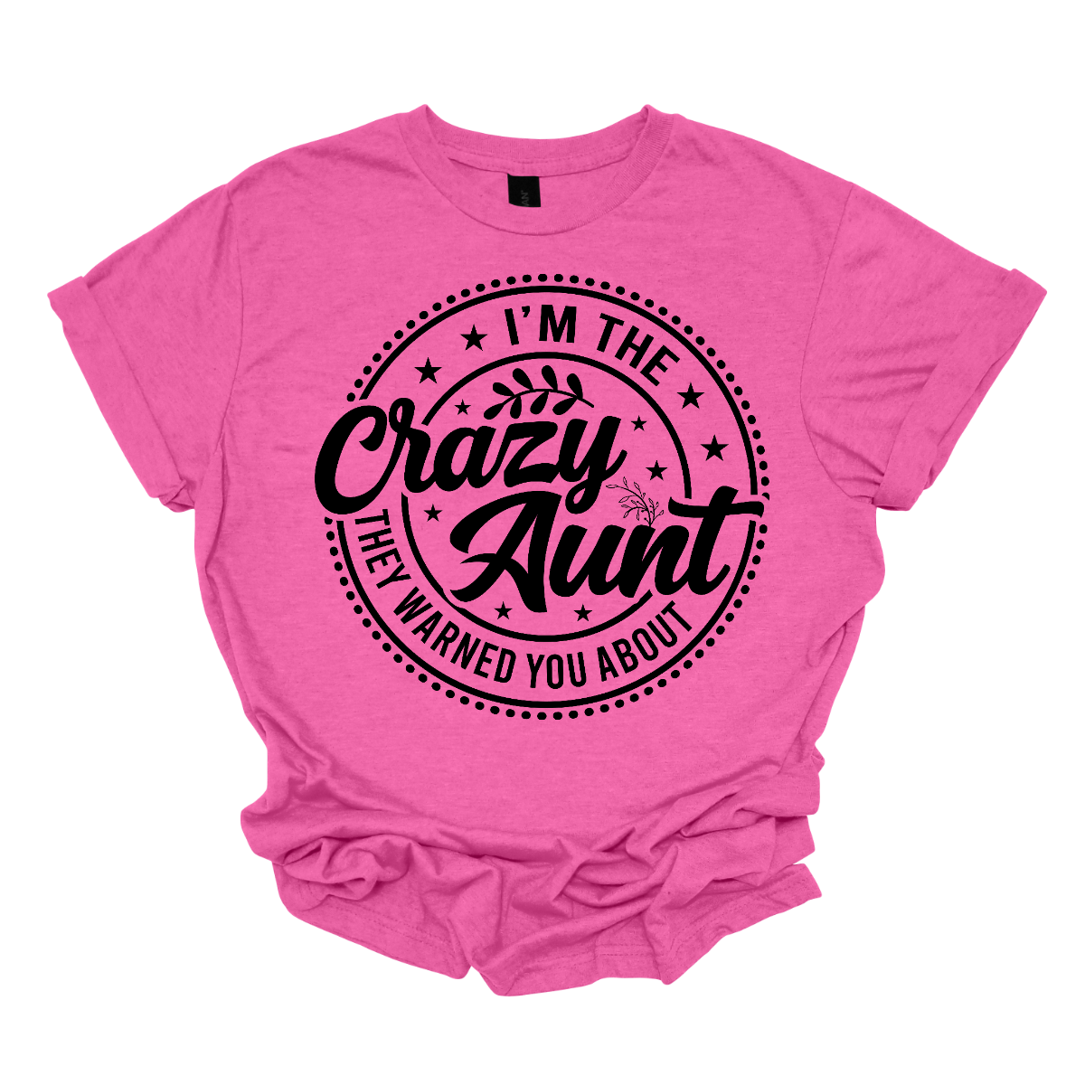 Imagine a bold and playful design featuring the phrase "I'm the Crazy Aunt They Warned You About" in striking black font. The text is arranged in a circular layout, creating a balanced and eye-catching composition. The font style is fun and energetic, possibly with a mix of script and bold block lettering to emphasize "Crazy Aunt." This design could be used on t-shirts, mugs, or tote bags, making it a perfect gift for the fun-loving aunt in your life! Shop Gorgeousware.com