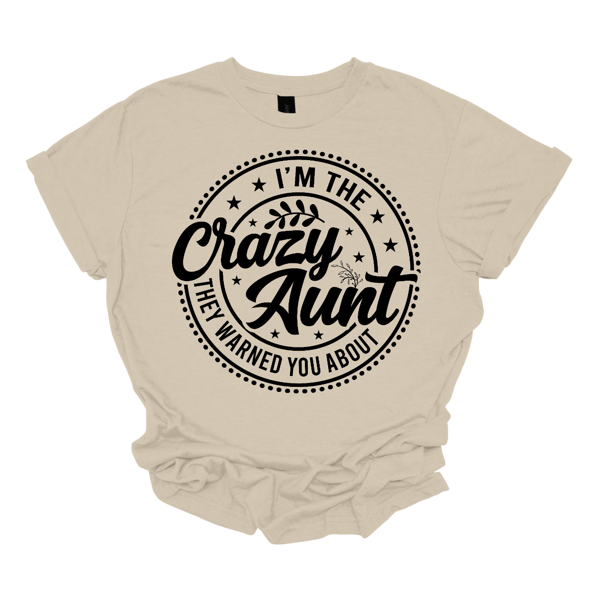Imagine a bold and playful design featuring the phrase "I'm the Crazy Aunt They Warned You About" in striking black font. The text is arranged in a circular layout, creating a balanced and eye-catching composition. The font style is fun and energetic, possibly with a mix of script and bold block lettering to emphasize "Crazy Aunt." This design could be used on t-shirts, mugs, or tote bags, making it a perfect gift for the fun-loving aunt in your life! Shop Gorgeousware.com