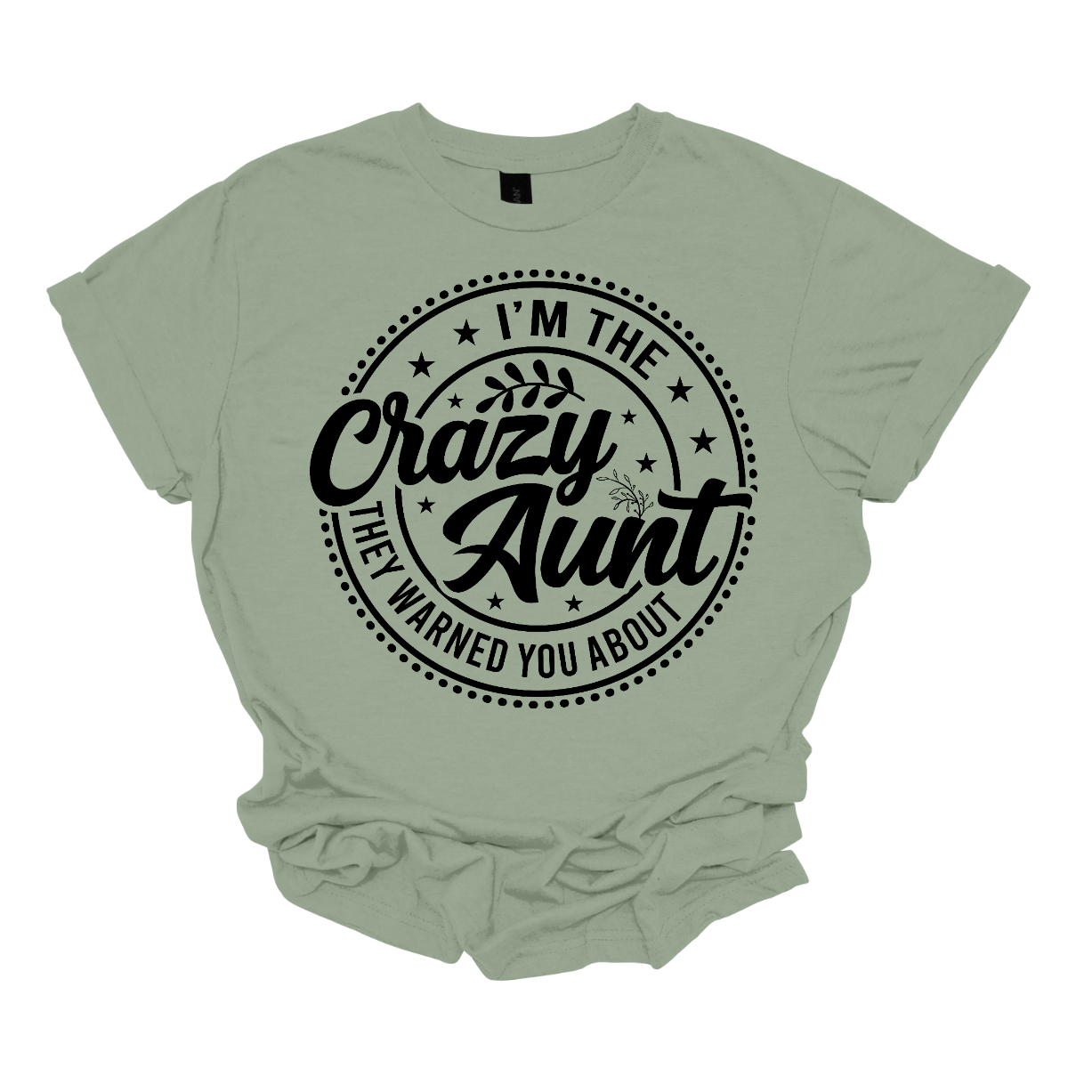 Imagine a bold and playful design featuring the phrase "I'm the Crazy Aunt They Warned You About" in striking black font. The text is arranged in a circular layout, creating a balanced and eye-catching composition. The font style is fun and energetic, possibly with a mix of script and bold block lettering to emphasize "Crazy Aunt." This design could be used on t-shirts, mugs, or tote bags, making it a perfect gift for the fun-loving aunt in your life! Shop Gorgeousware.com