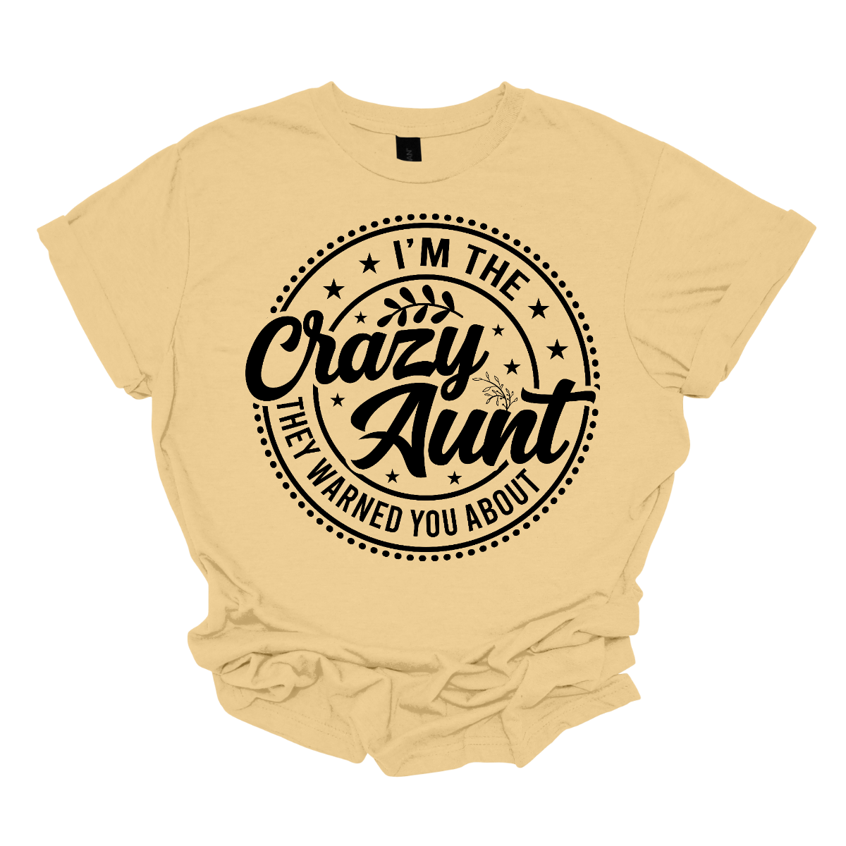 Imagine a bold and playful design featuring the phrase "I'm the Crazy Aunt They Warned You About" in striking black font. The text is arranged in a circular layout, creating a balanced and eye-catching composition. The font style is fun and energetic, possibly with a mix of script and bold block lettering to emphasize "Crazy Aunt." This design could be used on t-shirts, mugs, or tote bags, making it a perfect gift for the fun-loving aunt in your life! Shop Gorgeousware.com