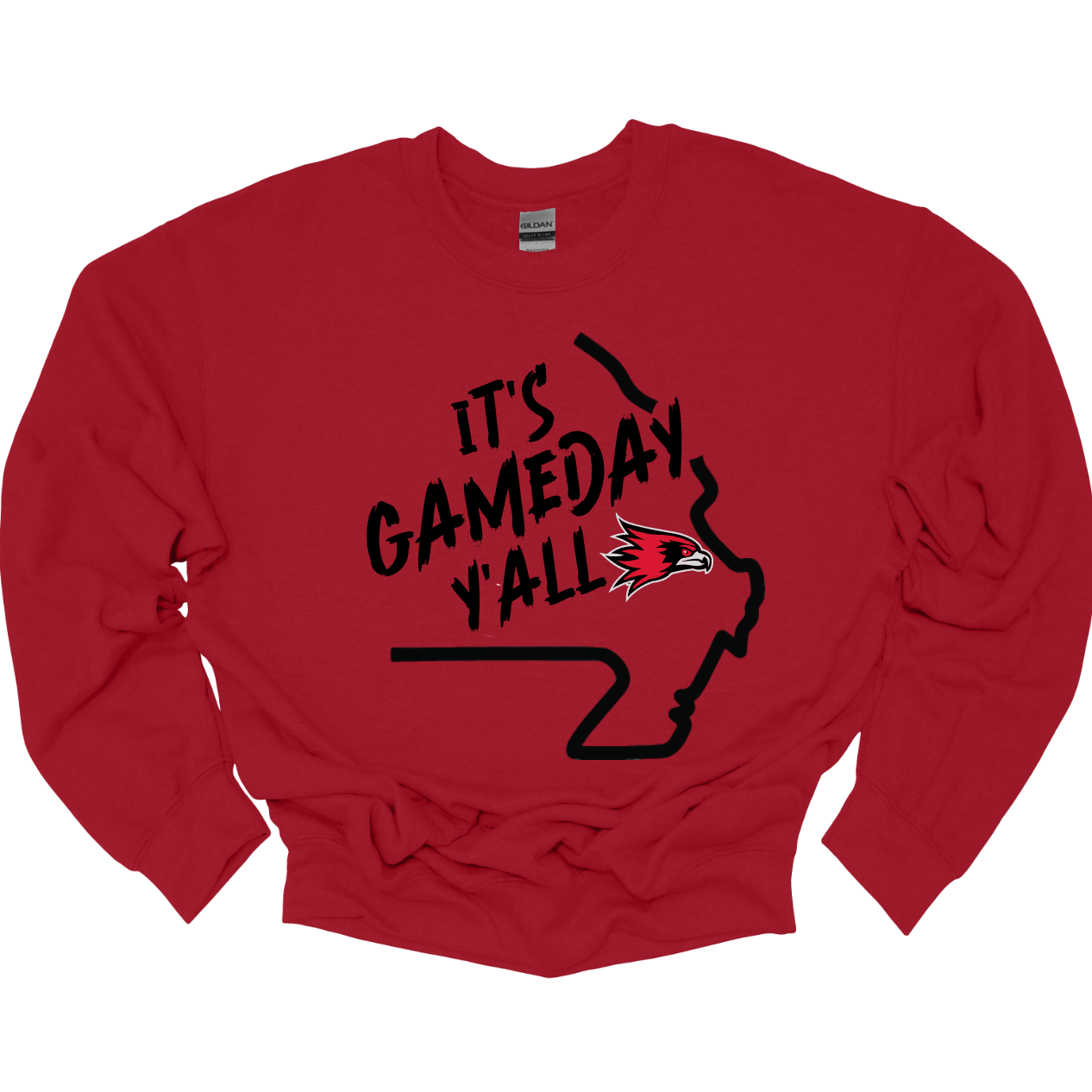 This comfortable and bold SEMO crew features a sleek black outline of the state of Missouri with a fierce SEMO Redhawk proudly pointing to Cape Girardeau, MO — the heart of Redhawk country. Above the Redhawk, the phrase "Game Day Y’all" adds a Southern-inspired rally cry perfect for tailgates, home games, and campus pride. Shop at Gorgeousware.com today!