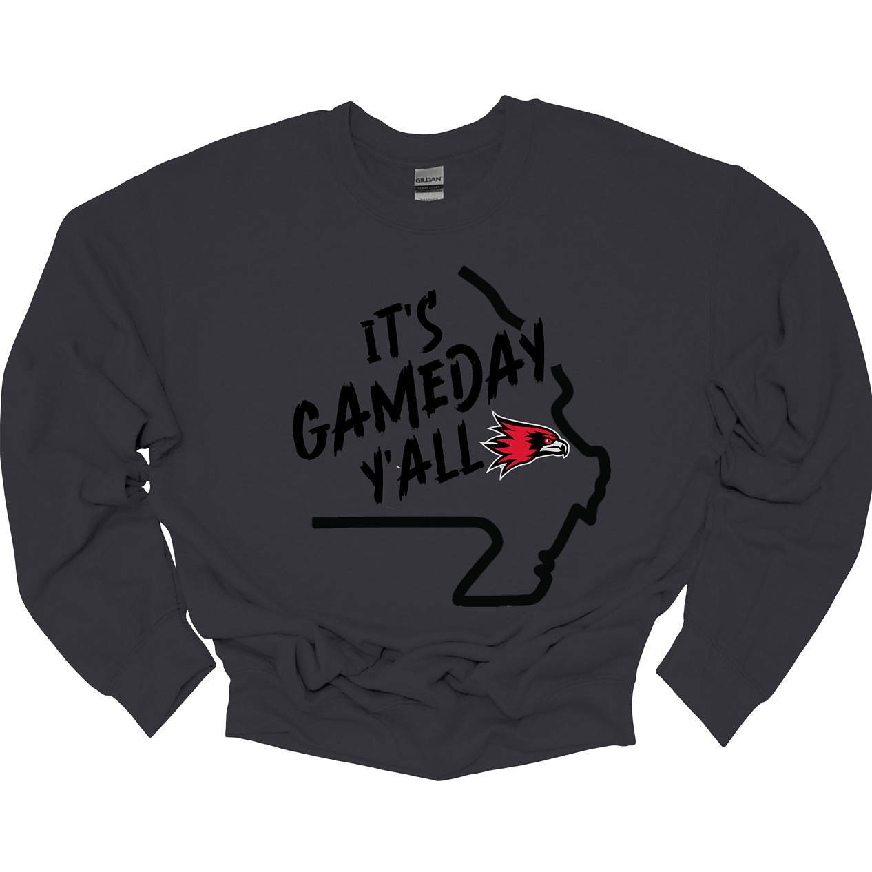 This comfortable and bold SEMO crew features a sleek black outline of the state of Missouri with a fierce SEMO Redhawk proudly pointing to Cape Girardeau, MO — the heart of Redhawk country. Above the Redhawk, the phrase "Game Day Y’all" adds a Southern-inspired rally cry perfect for tailgates, home games, and campus pride. Shop at Gorgeousware.com today!