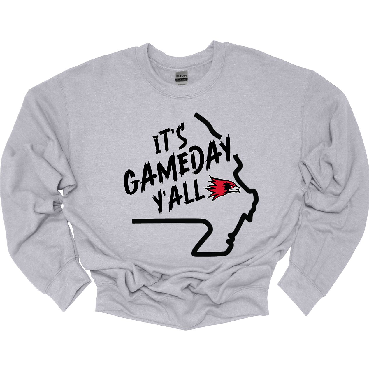 This comfortable and bold SEMO crew features a sleek black outline of the state of Missouri with a fierce SEMO Redhawk proudly pointing to Cape Girardeau, MO — the heart of Redhawk country. Above the Redhawk, the phrase "Game Day Y’all" adds a Southern-inspired rally cry perfect for tailgates, home games, and campus pride. Shop at Gorgeousware.com today!