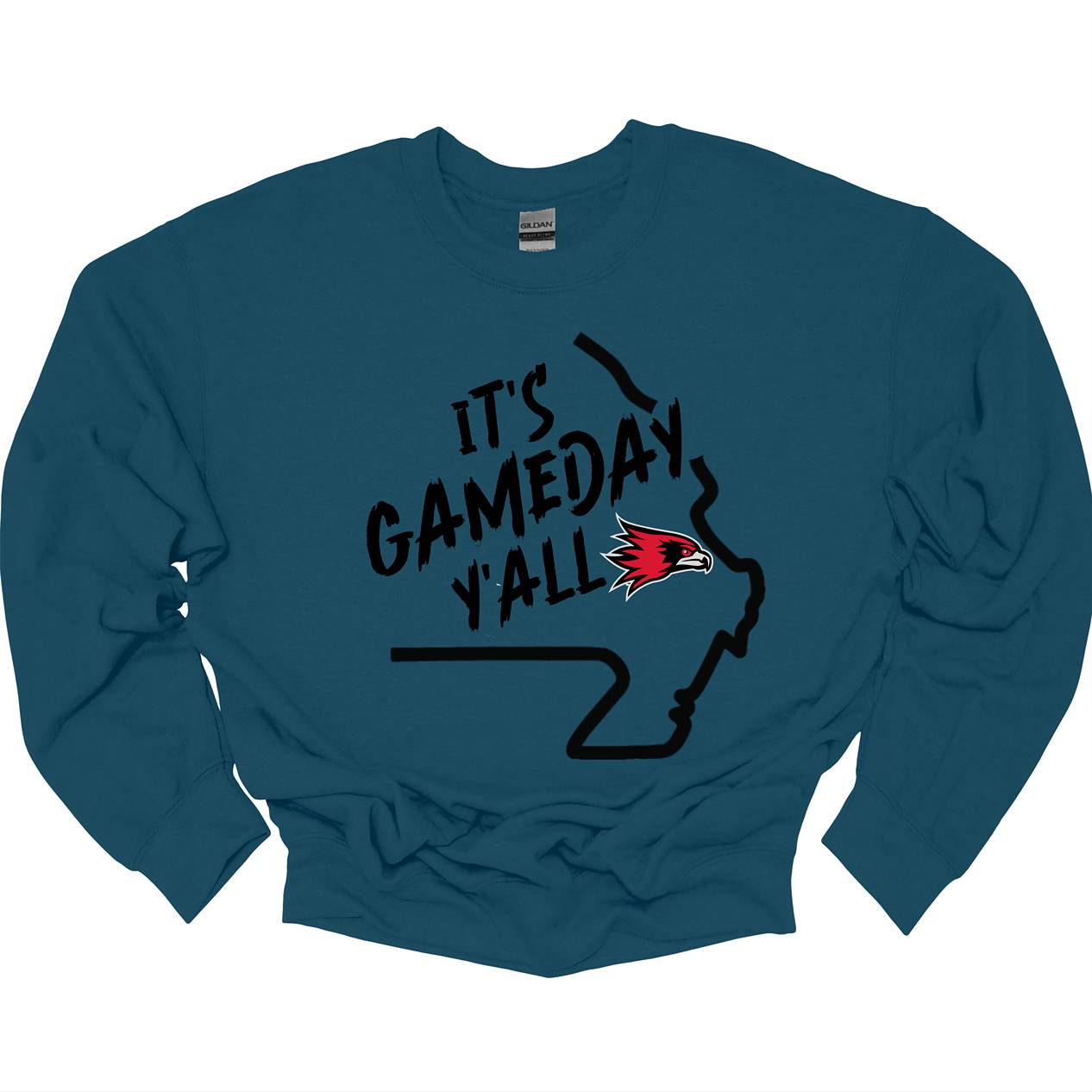 This comfortable and bold SEMO crew features a sleek black outline of the state of Missouri with a fierce SEMO Redhawk proudly pointing to Cape Girardeau, MO — the heart of Redhawk country. Above the Redhawk, the phrase "Game Day Y’all" adds a Southern-inspired rally cry perfect for tailgates, home games, and campus pride. Shop at Gorgeousware.com today!