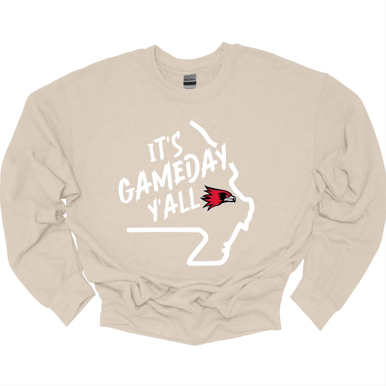 This comfortable and bold SEMO crew features a sleek white outline of the state of Missouri with a fierce SEMO Redhawk proudly pointing to Cape Girardeau, MO — the heart of Redhawk country. Above the Redhawk, the phrase "Game Day Y’all" adds a Southern-inspired rally cry perfect for tailgates, home games, and campus pride. Shop at Gorgeousware.com today!