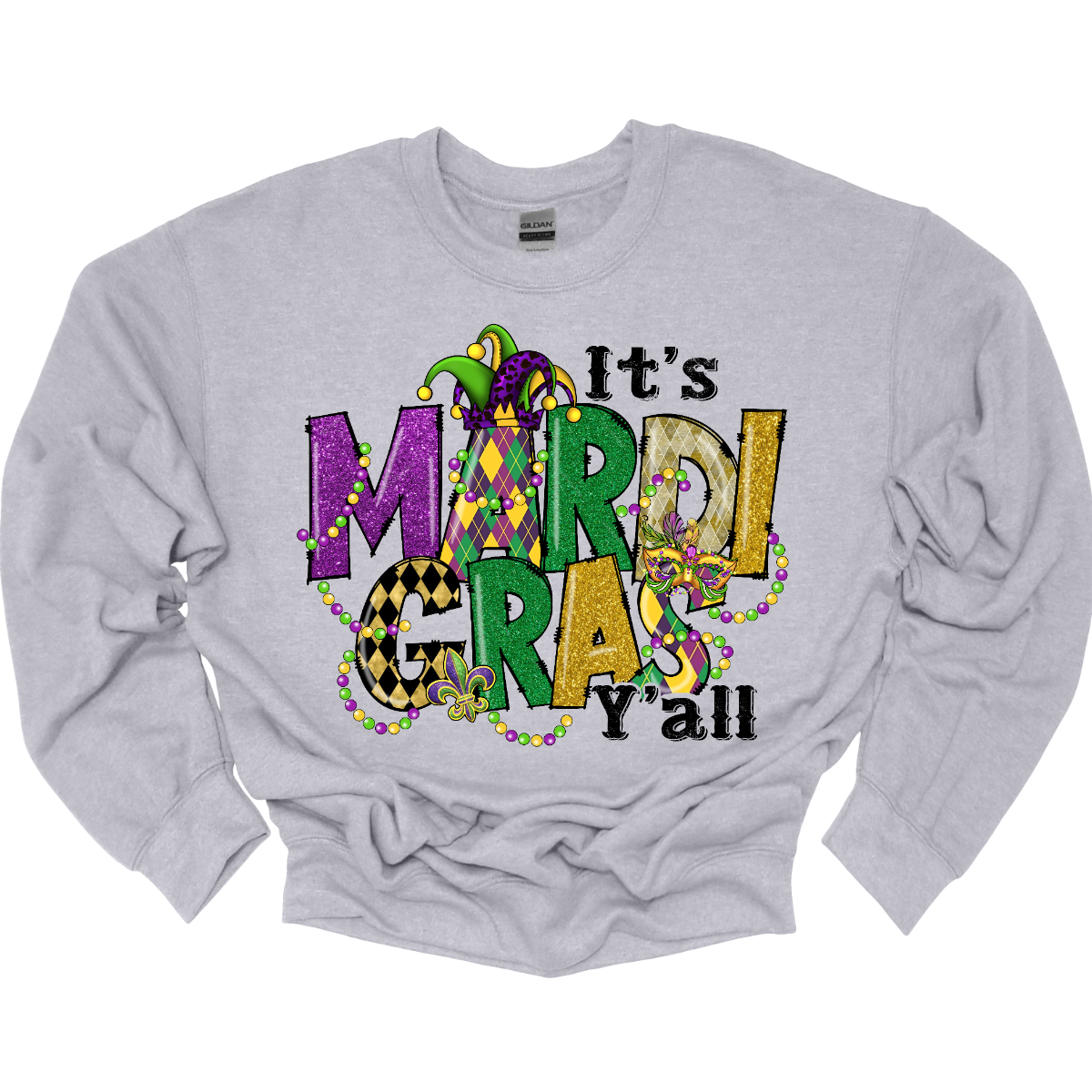 Get ready to party in style with our 'It's Mardi Gras Time Y'all' T-shirt, complete with festive Mardi Gras beads. This tee is the ultimate celebration of the vibrant and lively spirit of Mardi Gras. The bold statement captures the excitement of the festivities, while the colorful beads add a touch of traditional flair. Shop at Gorgeousware.com