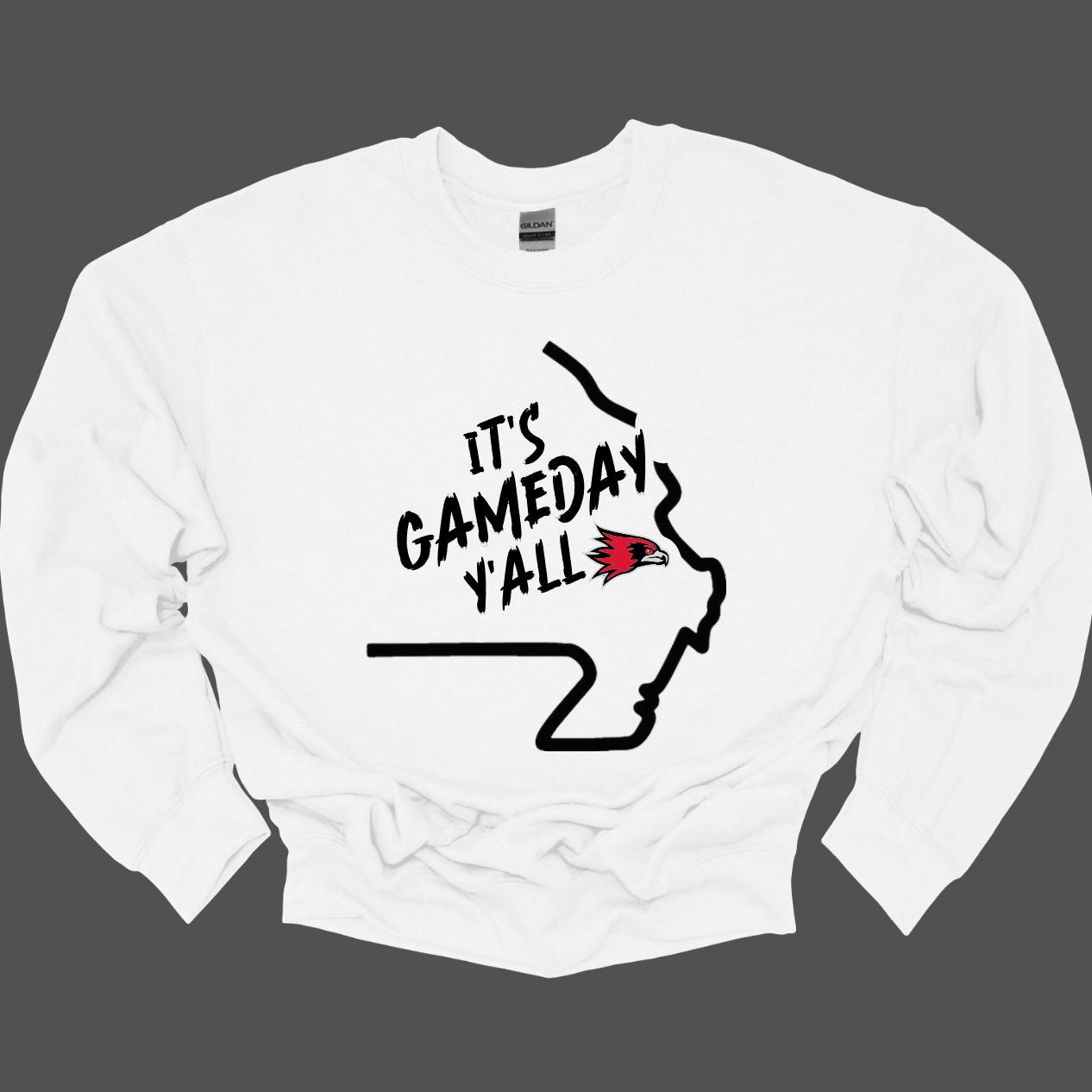 This comfortable and bold SEMO crewneck in youth sizes features a sleek black outline of the state of Missouri with a fierce SEMO Redhawk proudly pointing to Cape Girardeau, MO — the heart of Redhawk country. Above the Redhawk, the phrase "Game Day Y’all" adds a Southern-inspired rally cry perfect for tailgates, home games, and campus pride.
Shop at Gorgeousware.com today!