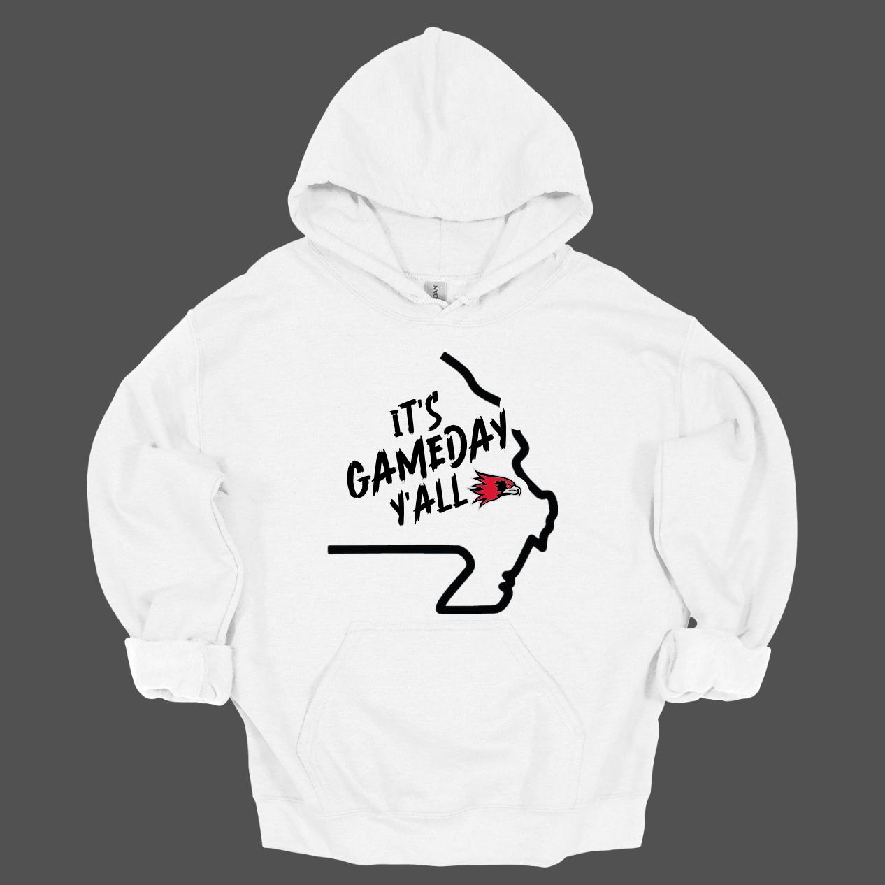 This comfortable and bold SEMO hoodie in youth sizes features a sleek black outline of the state of Missouri with a fierce SEMO Redhawk proudly pointing to Cape Girardeau, MO — the heart of Redhawk country. Above the Redhawk, the phrase "Game Day Y’all" adds a Southern-inspired rally cry perfect for tailgates, home games, and campus pride.
Shop at Gorgeousware.com today!