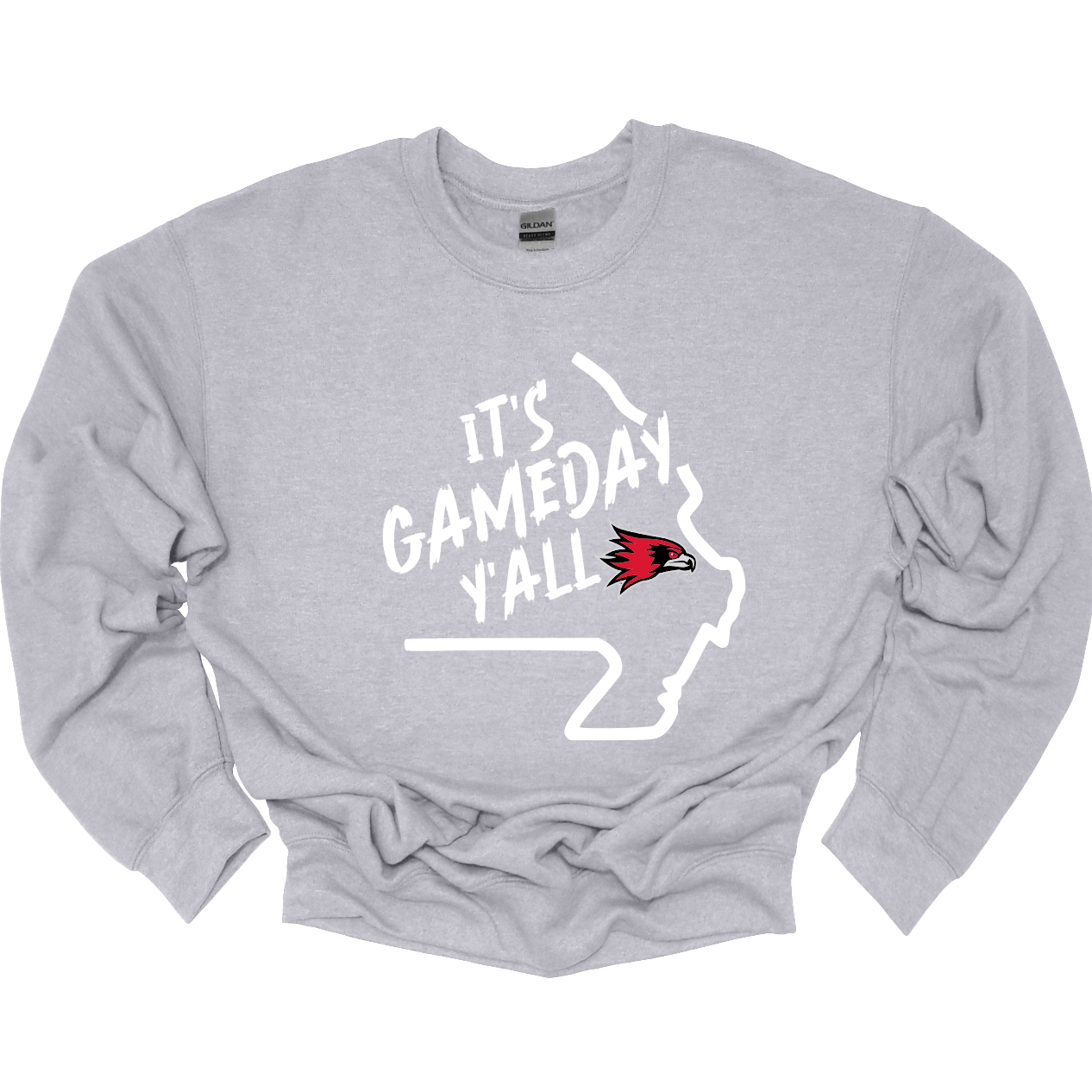 This comfortable and bold SEMO crew features a sleek white outline of the state of Missouri with a fierce SEMO Redhawk proudly pointing to Cape Girardeau, MO — the heart of Redhawk country. Above the Redhawk, the phrase "Game Day Y’all" adds a Southern-inspired rally cry perfect for tailgates, home games, and campus pride.
Shop at Gorgeousware.com today!