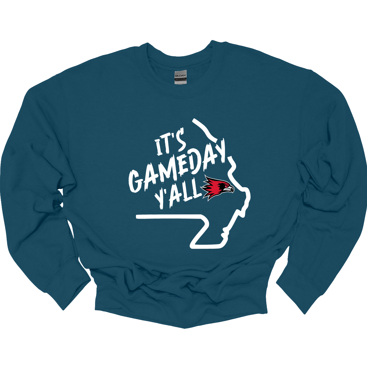 This comfortable and bold SEMO crew features a sleek white outline of the state of Missouri with a fierce SEMO Redhawk proudly pointing to Cape Girardeau, MO — the heart of Redhawk country. Above the Redhawk, the phrase "Game Day Y’all" adds a Southern-inspired rally cry perfect for tailgates, home games, and campus pride. Shop at Gorgeousware.com today!