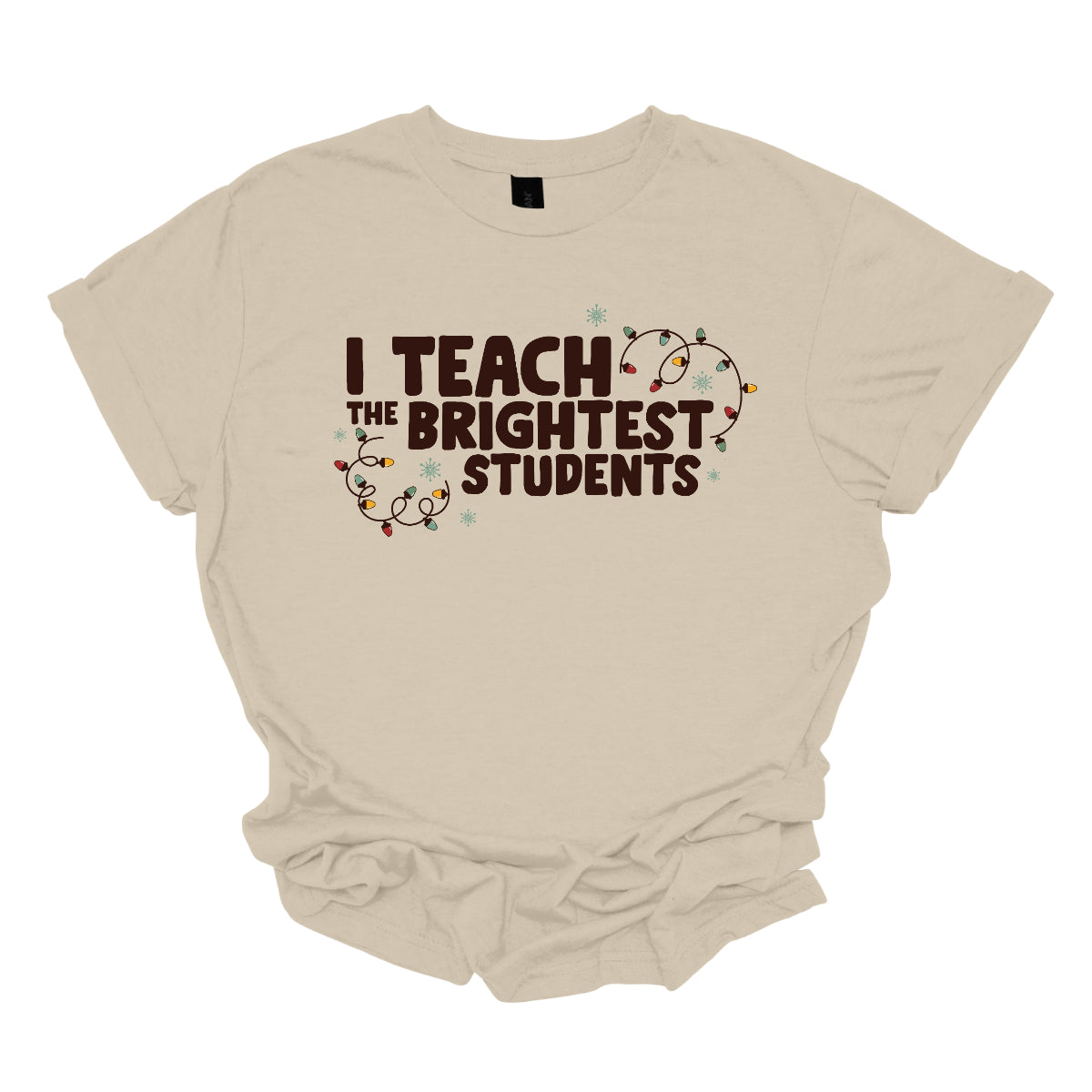 Celebrate your passion for teaching with our "I Teach the Brightest Students" t-shirt! This fun and festive design features cheerful Christmas lights framing the text, adding a touch of holiday spirit to your classroom vibe. Made from soft, comfortable fabric, it’s perfect for wearing during the festive season or any day you want to show off your pride in your students. Brighten up your wardrobe and spread some joy—because every great teacher deserves to