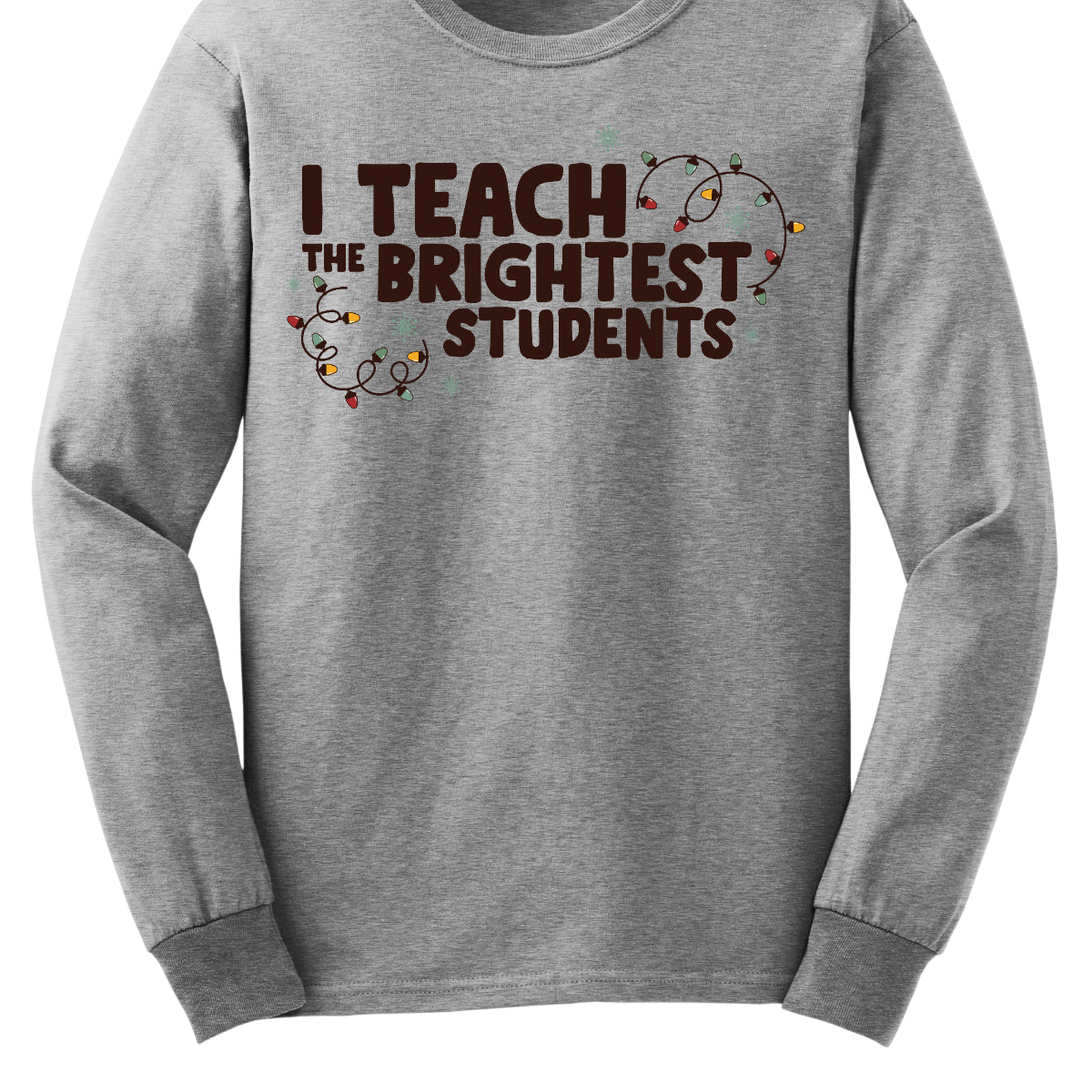 Celebrate your passion for teaching with our "I Teach the Brightest Students" t-shirt! This fun and festive design features cheerful Christmas lights framing the text, adding a touch of holiday spirit to your classroom vibe. Made from soft, comfortable fabric, it’s perfect for wearing during the festive season or any day you want to show off your pride in your students. Brighten up your wardrobe and spread some joy—because every great teacher deserves to